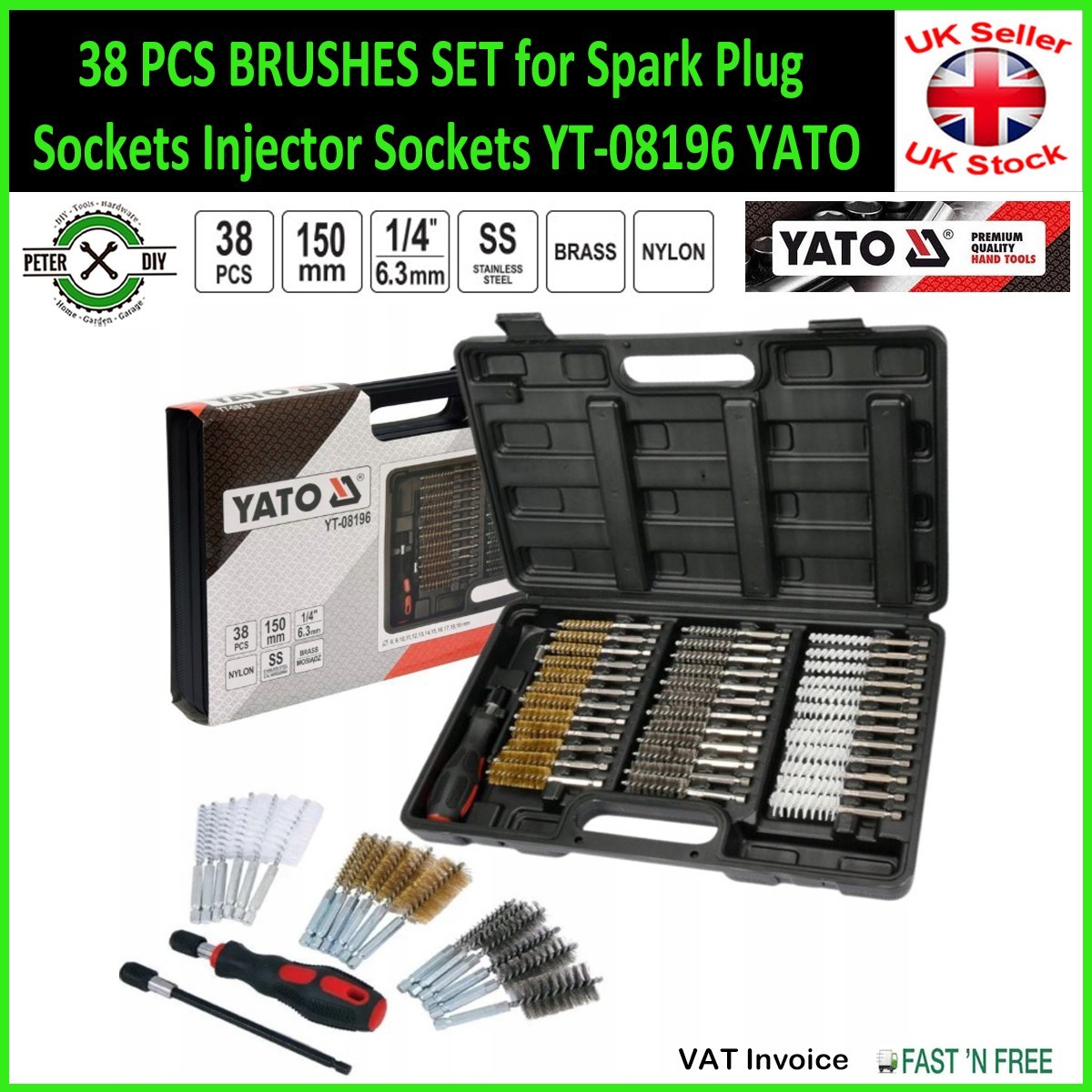 38 PCS BRUSHES SET for Spark Plug Sockets Injector Sockets YT-08196 YATO