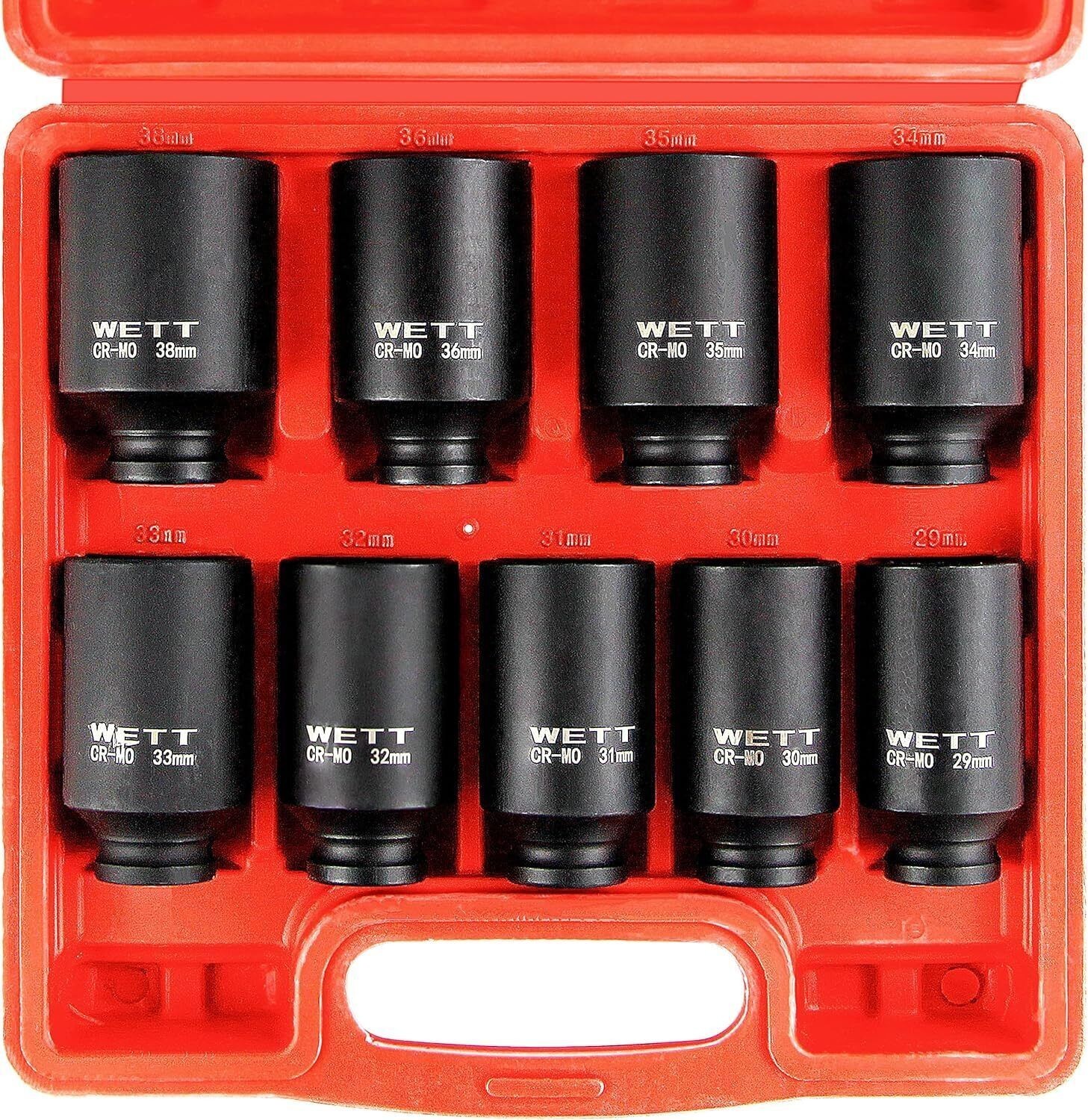 9-Pcs 1/2″Drive Deep 6-Point Impact Socket Set/Spindle Axle Nut Metric 29mm-38mm