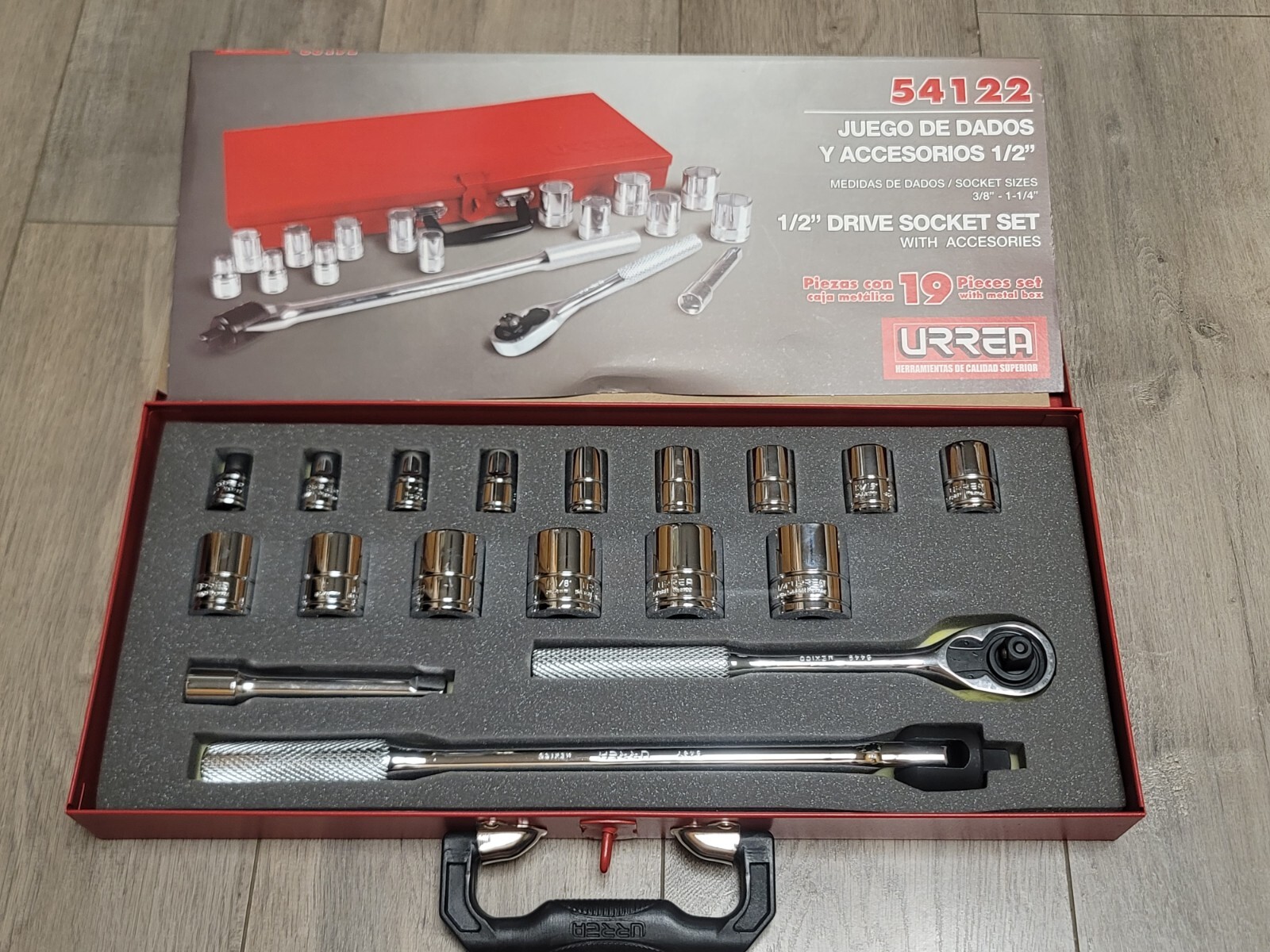 Urrea Tools 19pc 1/2 dr Socket & Ratchet Set 3/8 to 1-1/4″ w/Box Mexico #54122