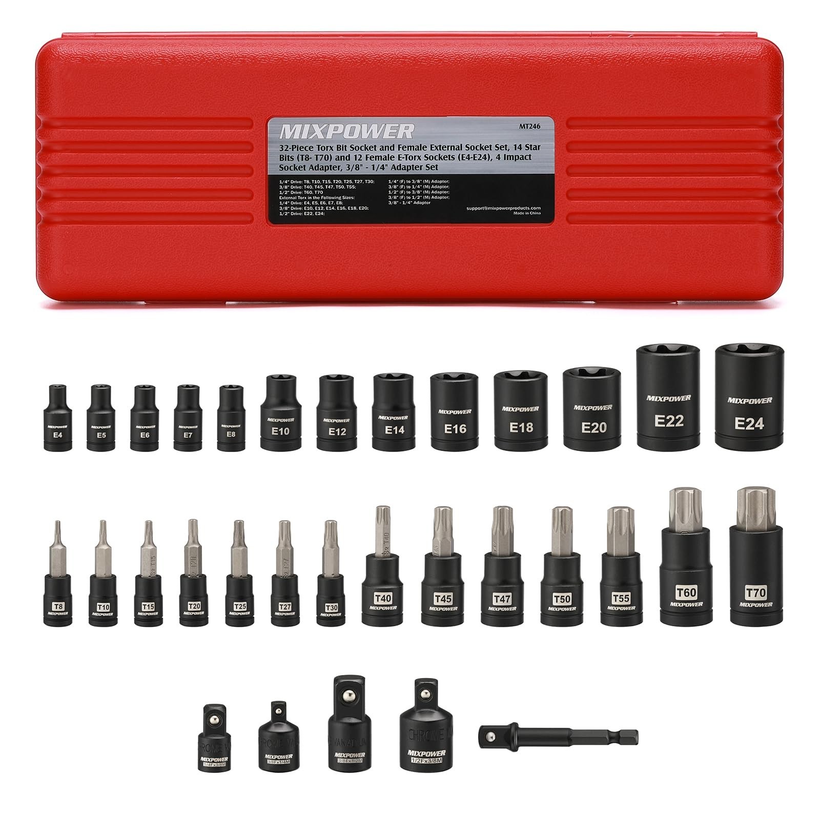 32PC Torx Bit Socket Set – 14 Star Bits (T8-T70) & 13 E-Torx Sockets (E4-E24) CR
