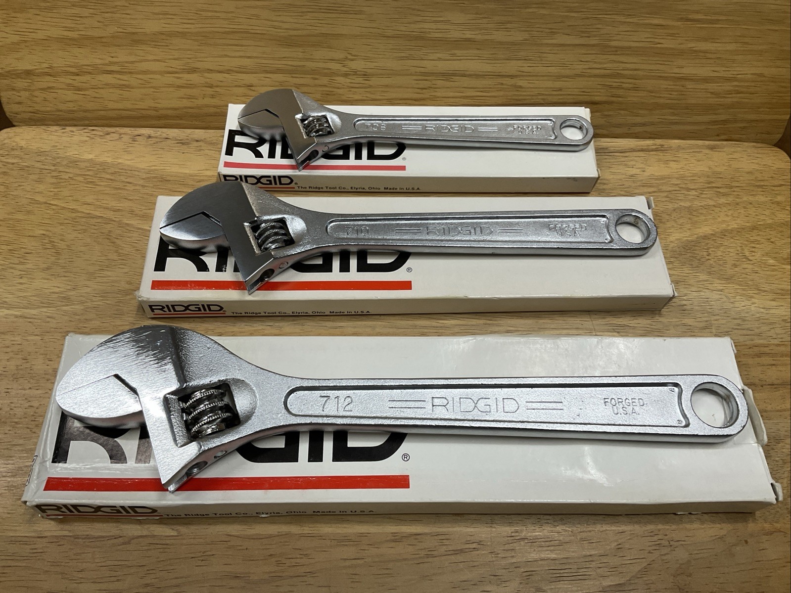 Vintage NOS Ridge Tool Co Ridgid 3 Pc Adjustable Wrench Set 8″ 10″ 12″ USA