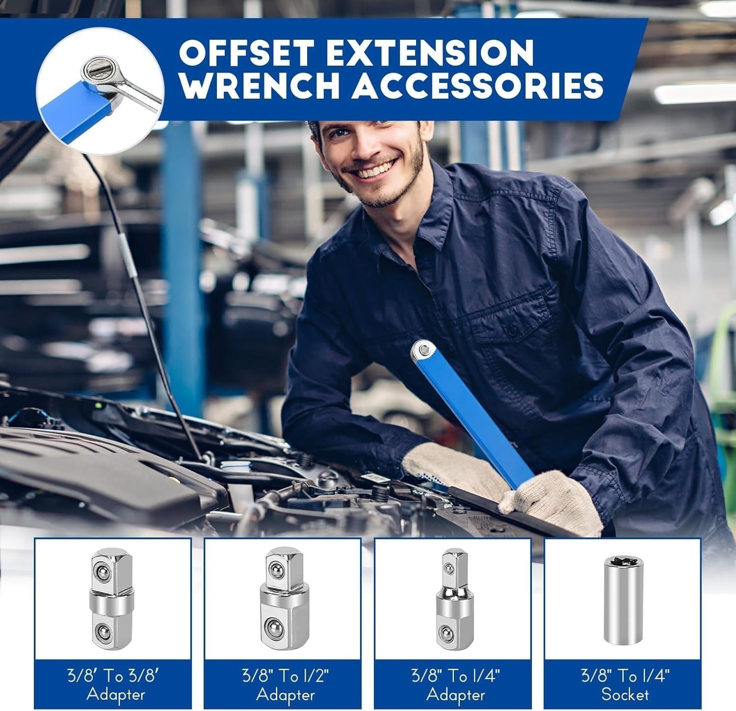 Impact Ready Offset Extension Wrench,1/2″ 1/4″ 3/8″ Tight Spaces Extension Tool
