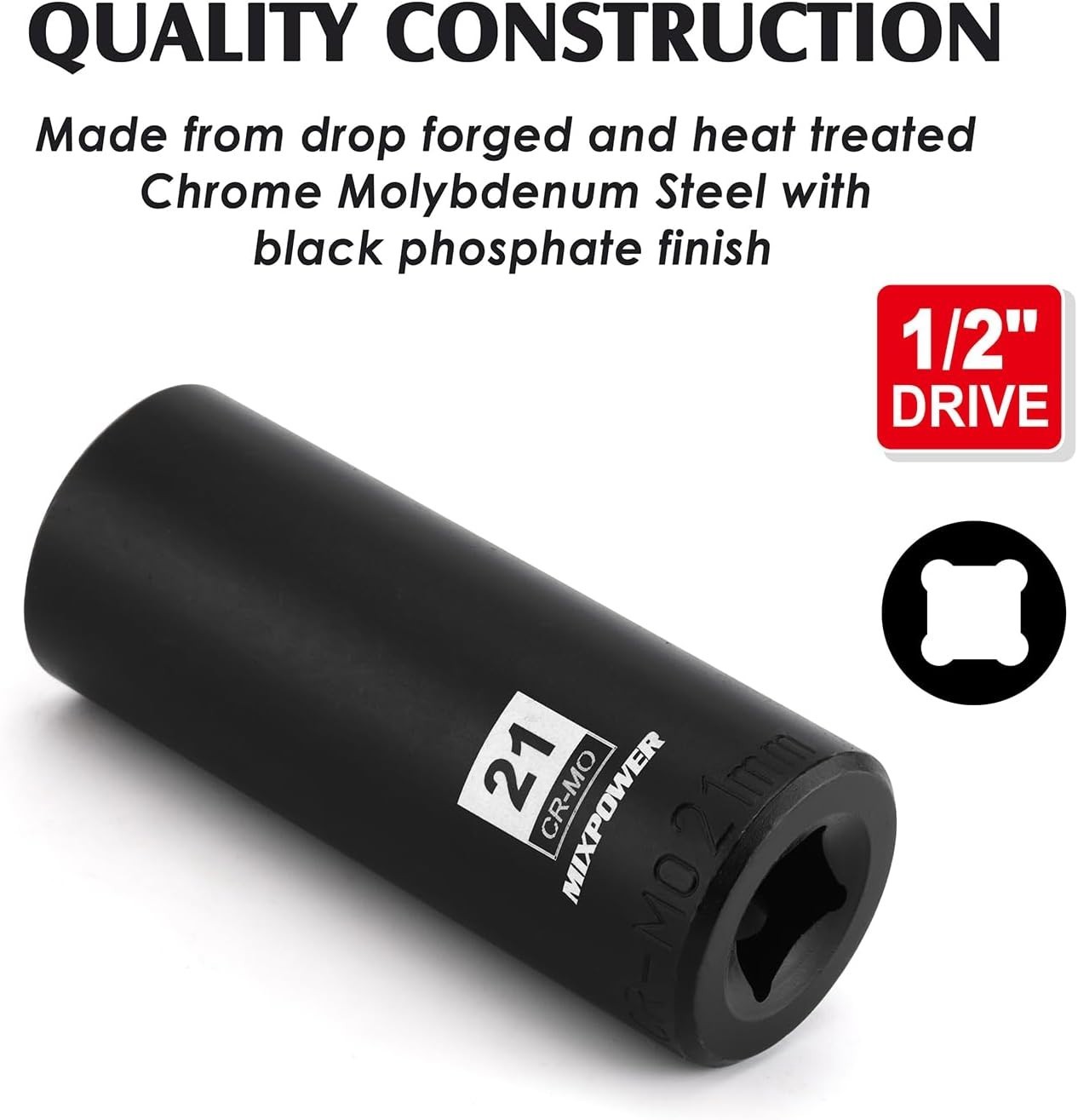 21mm Deep Impact Socket, 1/2 Inch Drive, 6 Point, CR-MO Steel