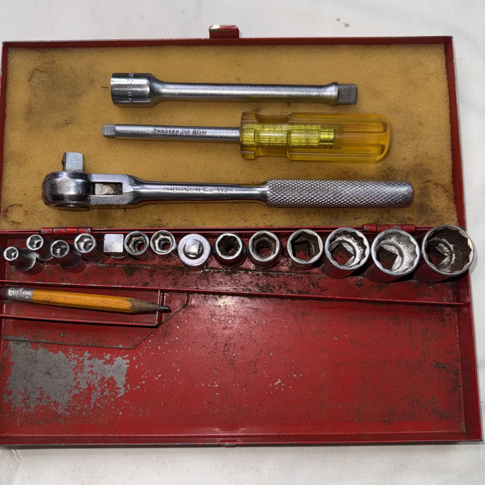 Vintage Thorsen #77 J – 3/8″ Drive Socket Ratchet Wrench Set – USA 17 Pcs + Case