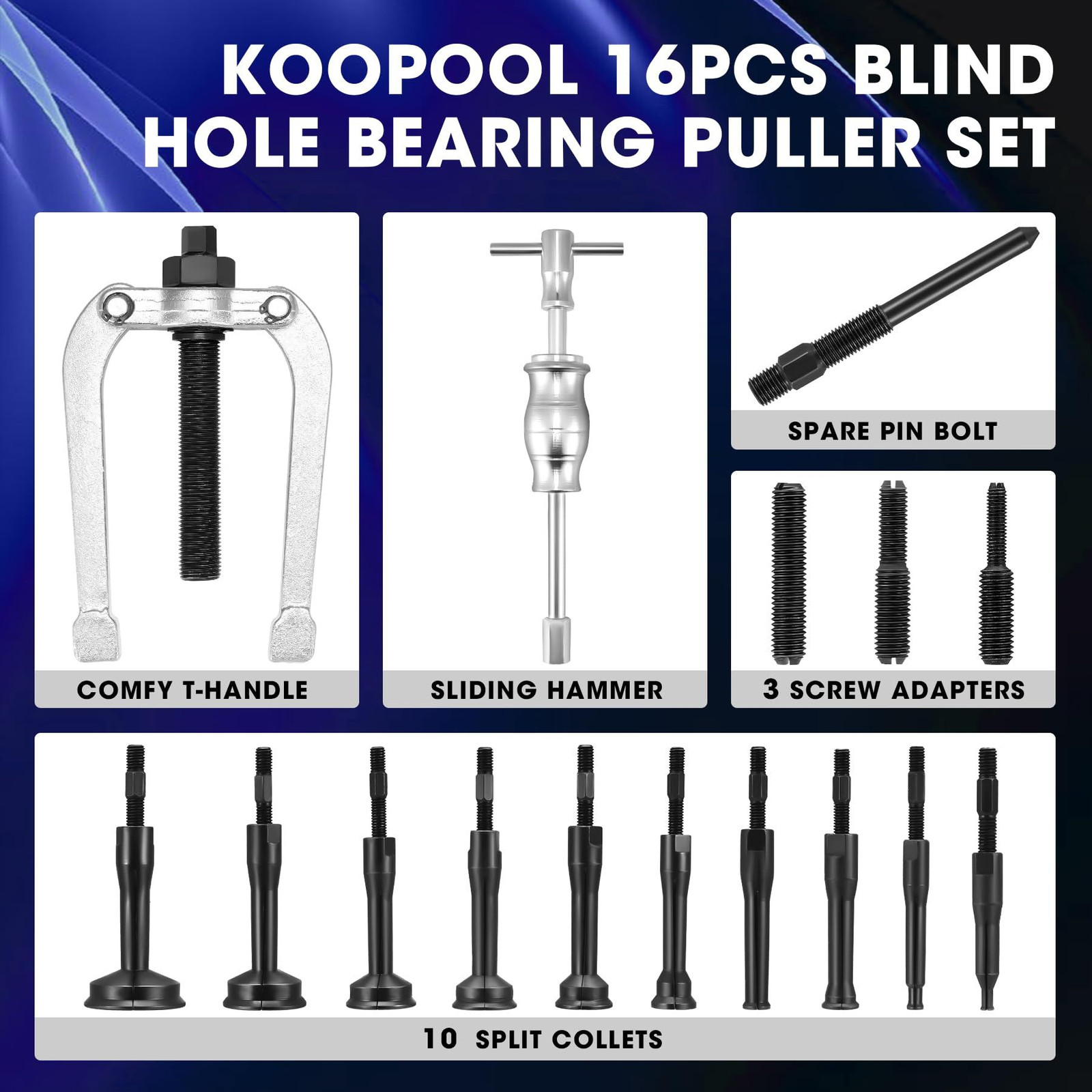 KOOPOOL 16-Piece Blind Hole Collet Bearing Race & Seal Puller Extractor Blue