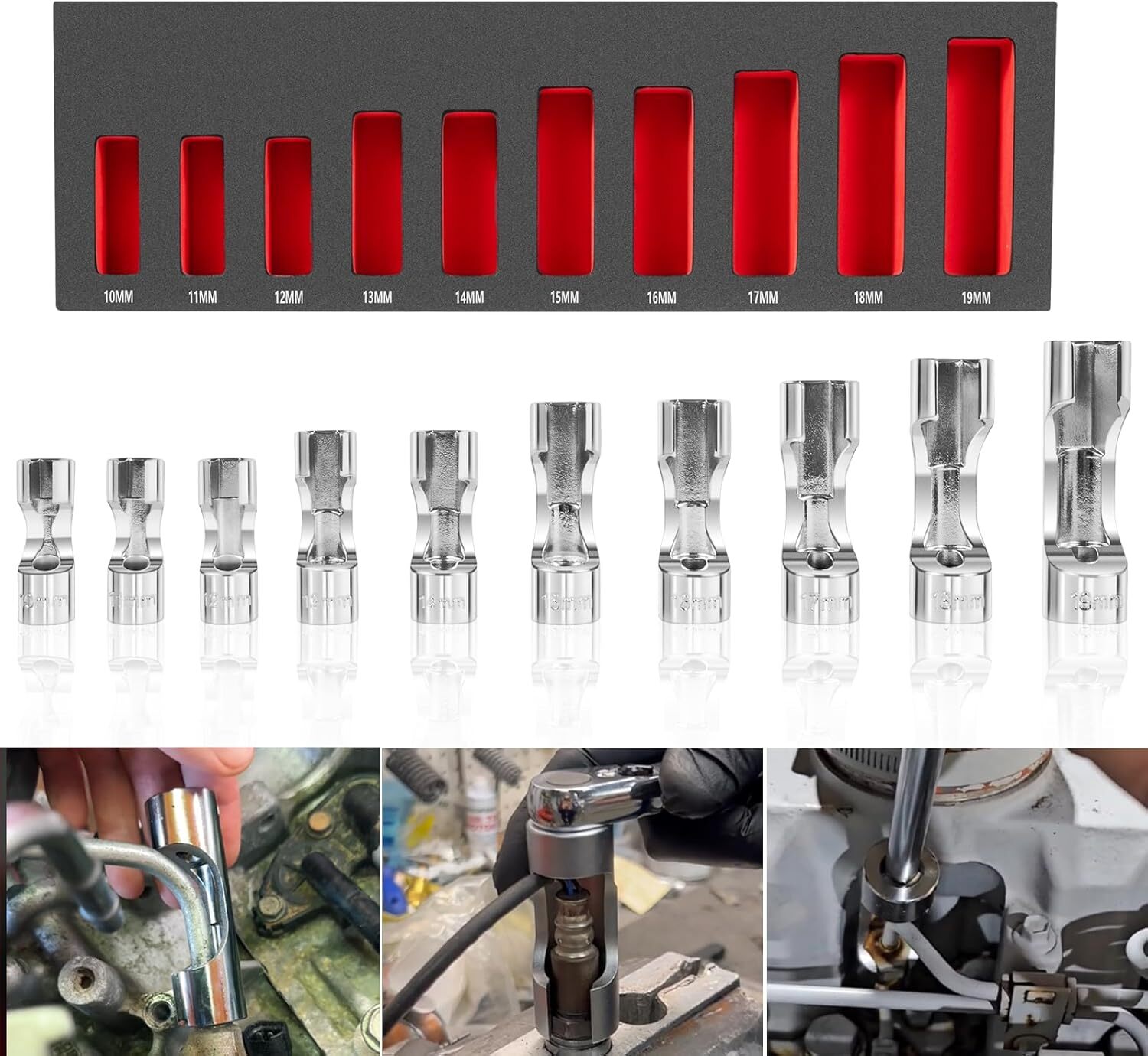 12030 Flare Nut Socket Set 3/8″ Drive Fuel Line Socket Wrench 10mm-19mm 10PCS
