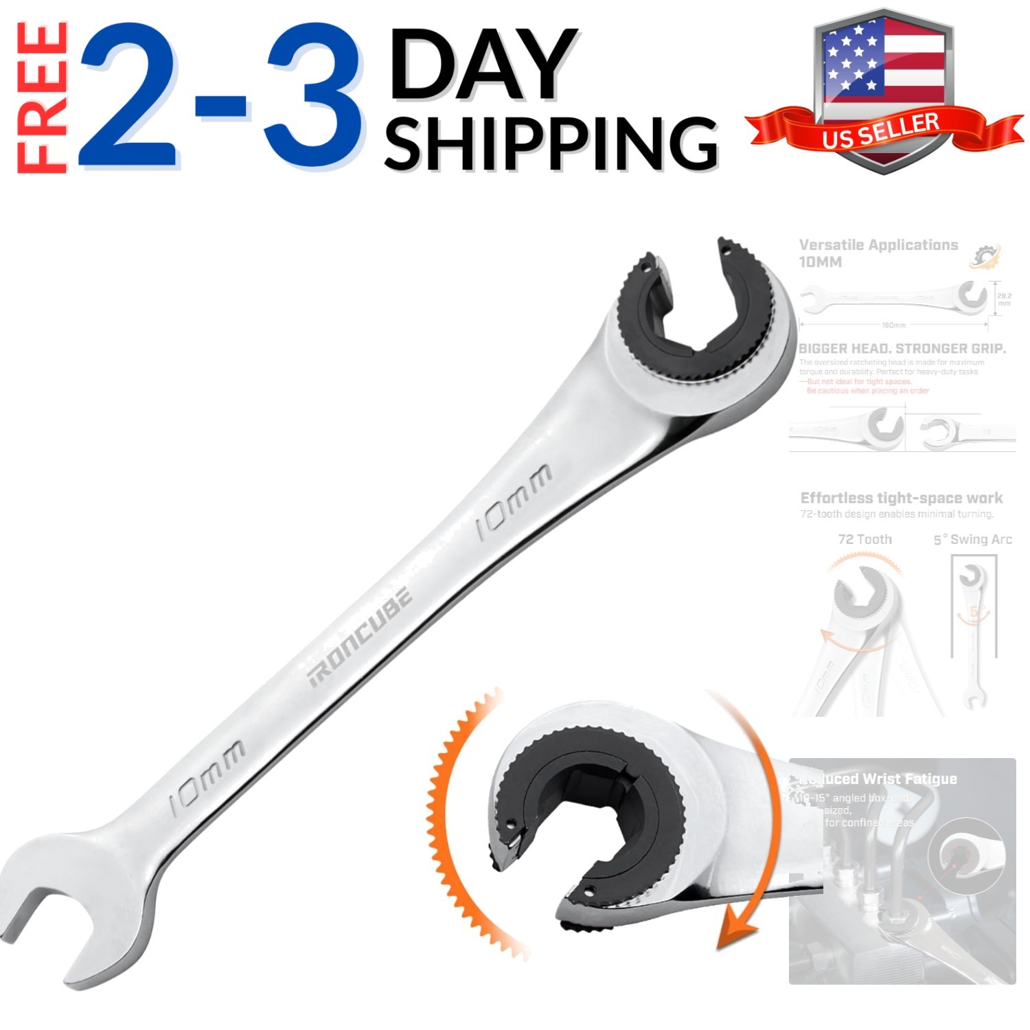 10mm Brake Line Wrench Set: Metric Ratcheting Open-end for Nuts on Fuel, Brak…