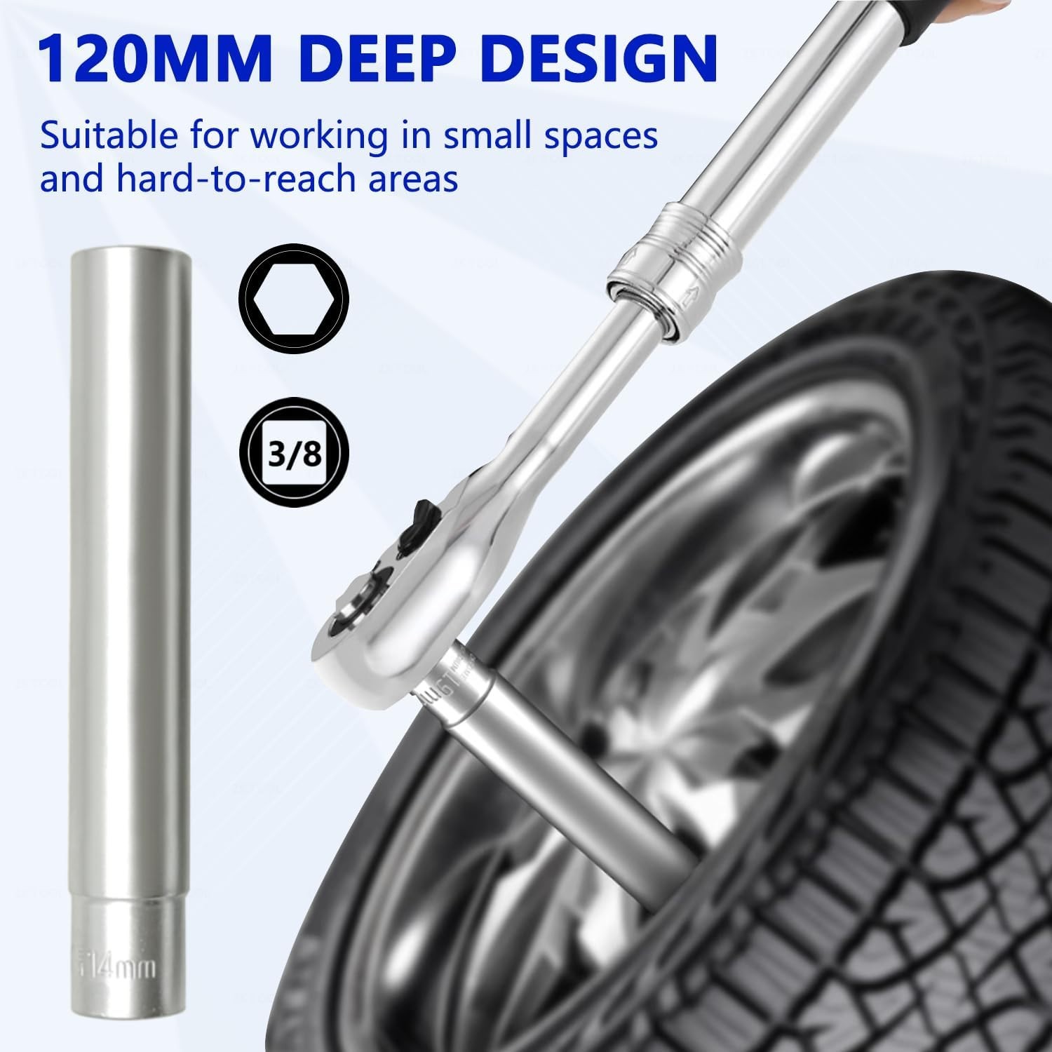 5PC Deep Metric Socket Set 3/8-Inch Drive Alloy Steel 8-14mm Extra Long 120mm