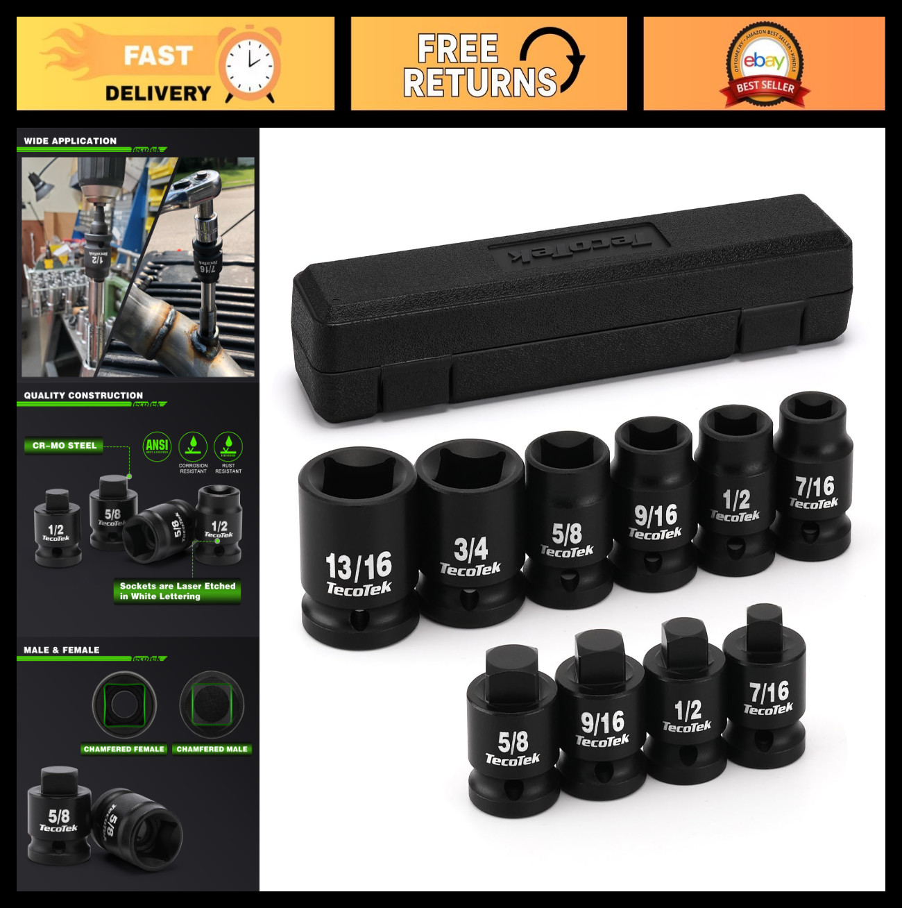 10-Piece 1/2″ Drive Pipe Plug Socket Set, SAE 4-Point, CR-MO, Tapered & Chamfere