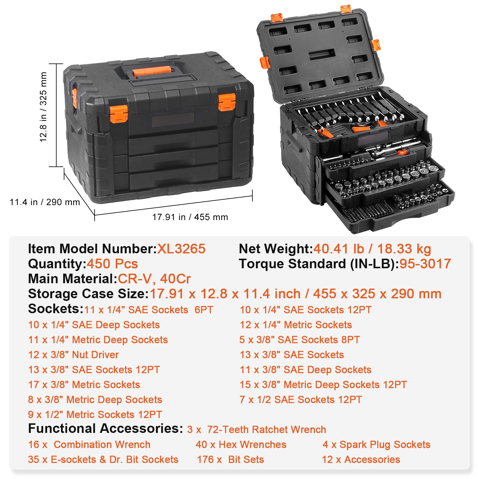 450-Piece Mechanics Tool Tool Set 1/2″ 1/4″ 3/8″ Metric Imperial Socket Wrenches