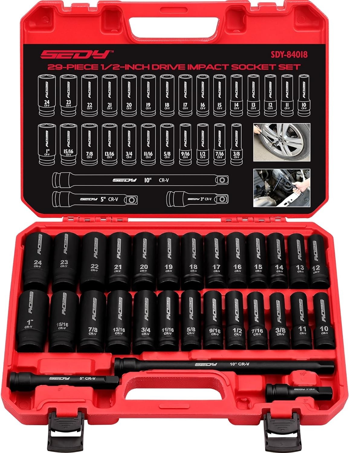 Heavy-Duty 29-Piece 1/2″ Drive Impact Socket Set – Chrome Vanadium for Strength