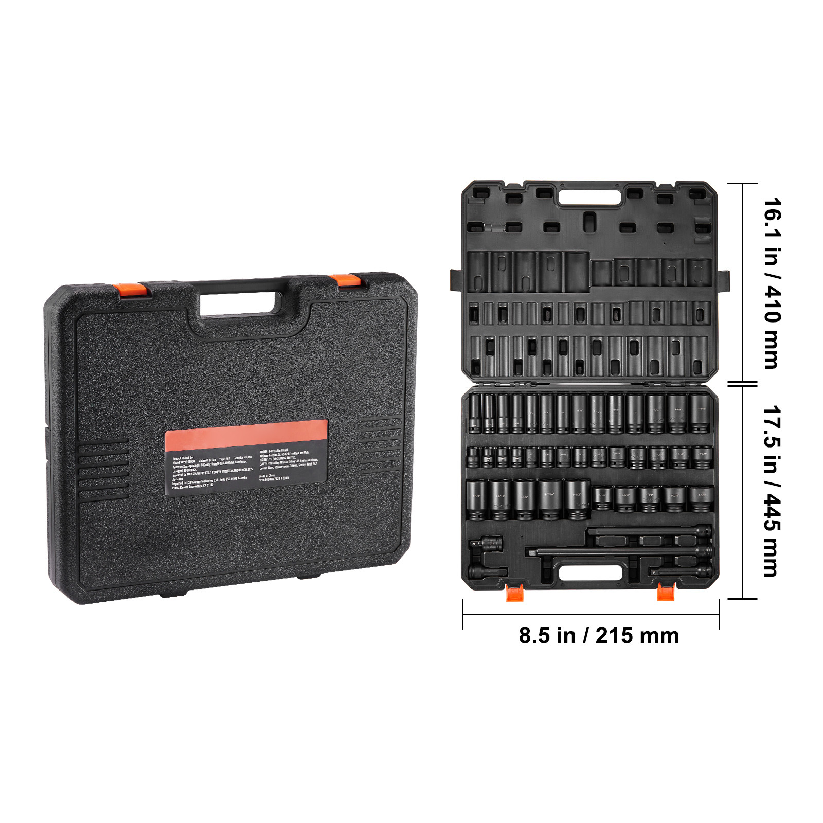 VEVOR Impact Sockets Set 43pcs 6-Point 1/2in Drive Bit Ratchet Tool Kit Case