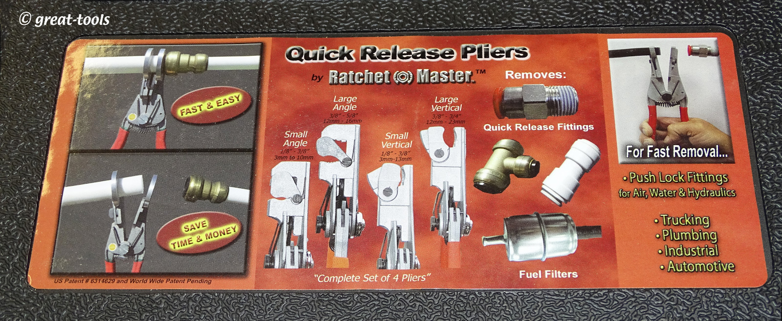 4-PC QUICK RELEASE PLIERS TOOL SET – hose, push lock fittings, fuel filter, PVC