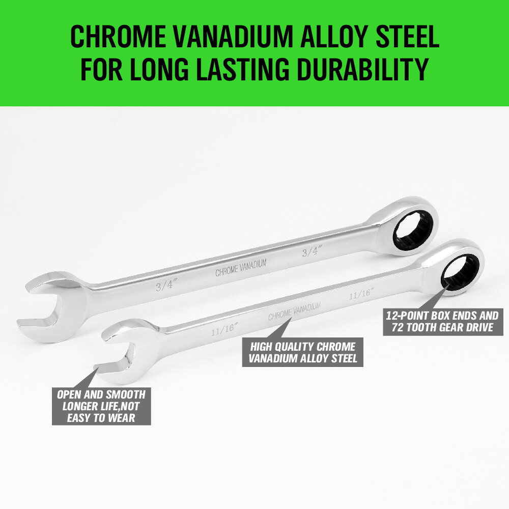 20pc Ratcheting Wrench Combination Flat Ratchet Spanner Set Inch & MM With Case