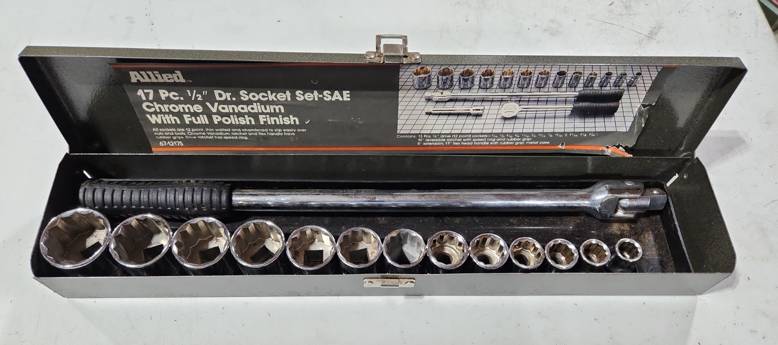 Allied 1/2″ Dr. Socket Set SAE 12 Pt 14 Pieces Only #67-1217S Metal Box Vintage