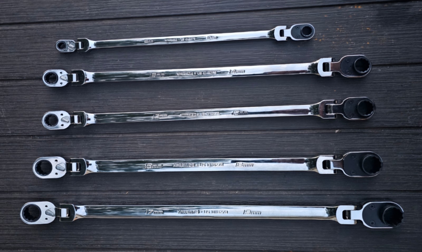 Snap-on XFRRM705 12-point double flex ratcheting wrench set 8-19mm reversible