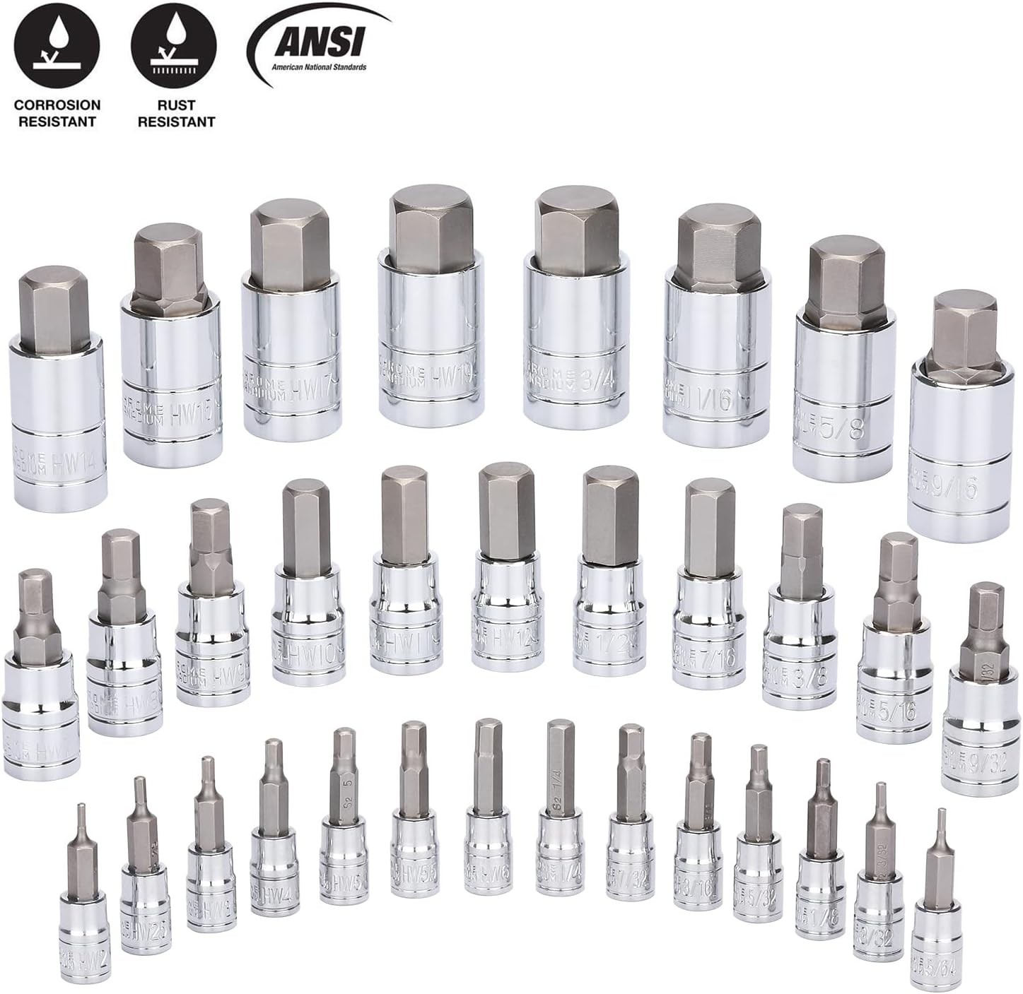 33PCS Hex Bit Socket Set, 1/4, 3/8 and 1/2 Drive, SAE and Metric Allen Socket