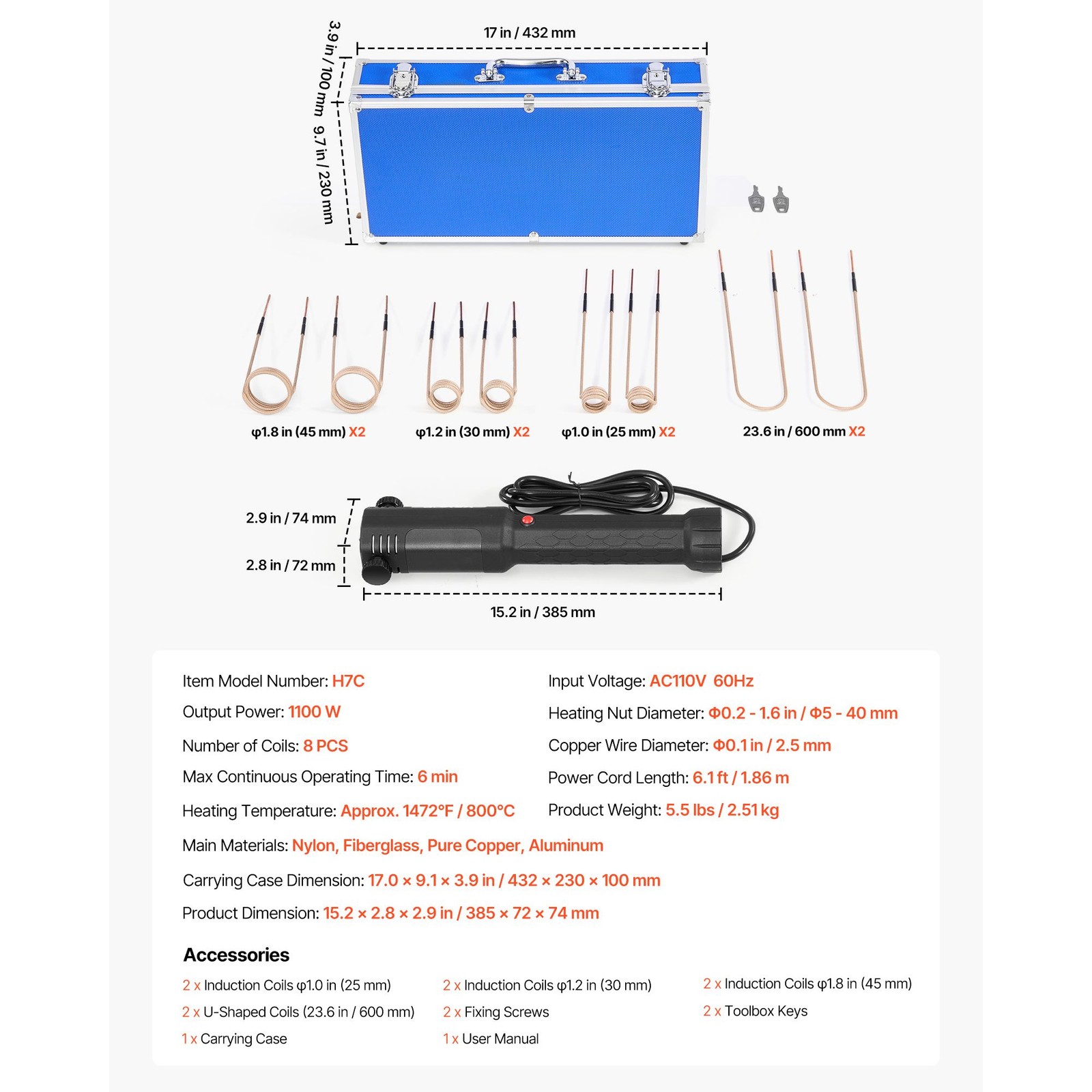 1100W Induction Bolt Heater with 8 Coils, Handheld Nut Buster Tool