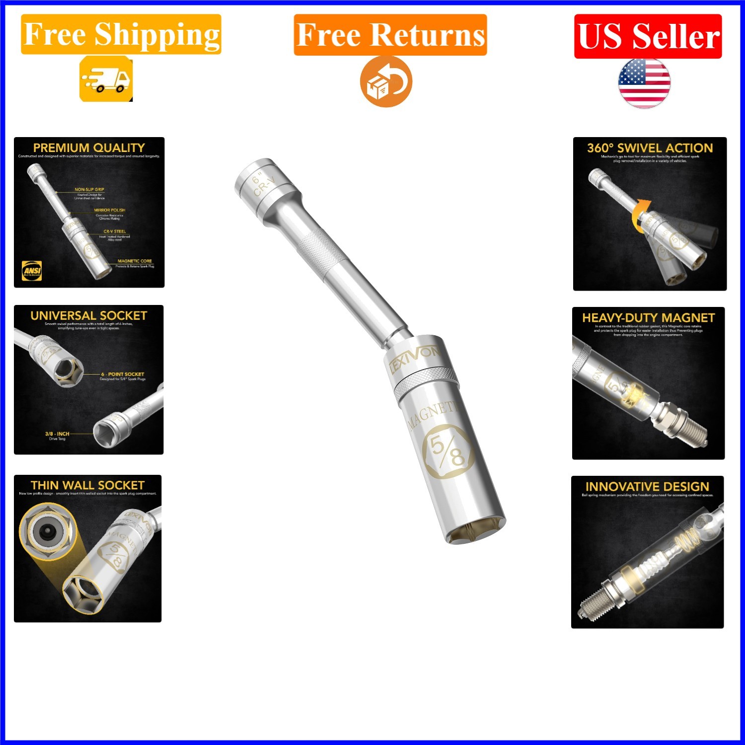 5/8″ Swivel Magnetic Spark Plug Socket, 3/8″ Drive, 6″ Length, Chrome Vanadium