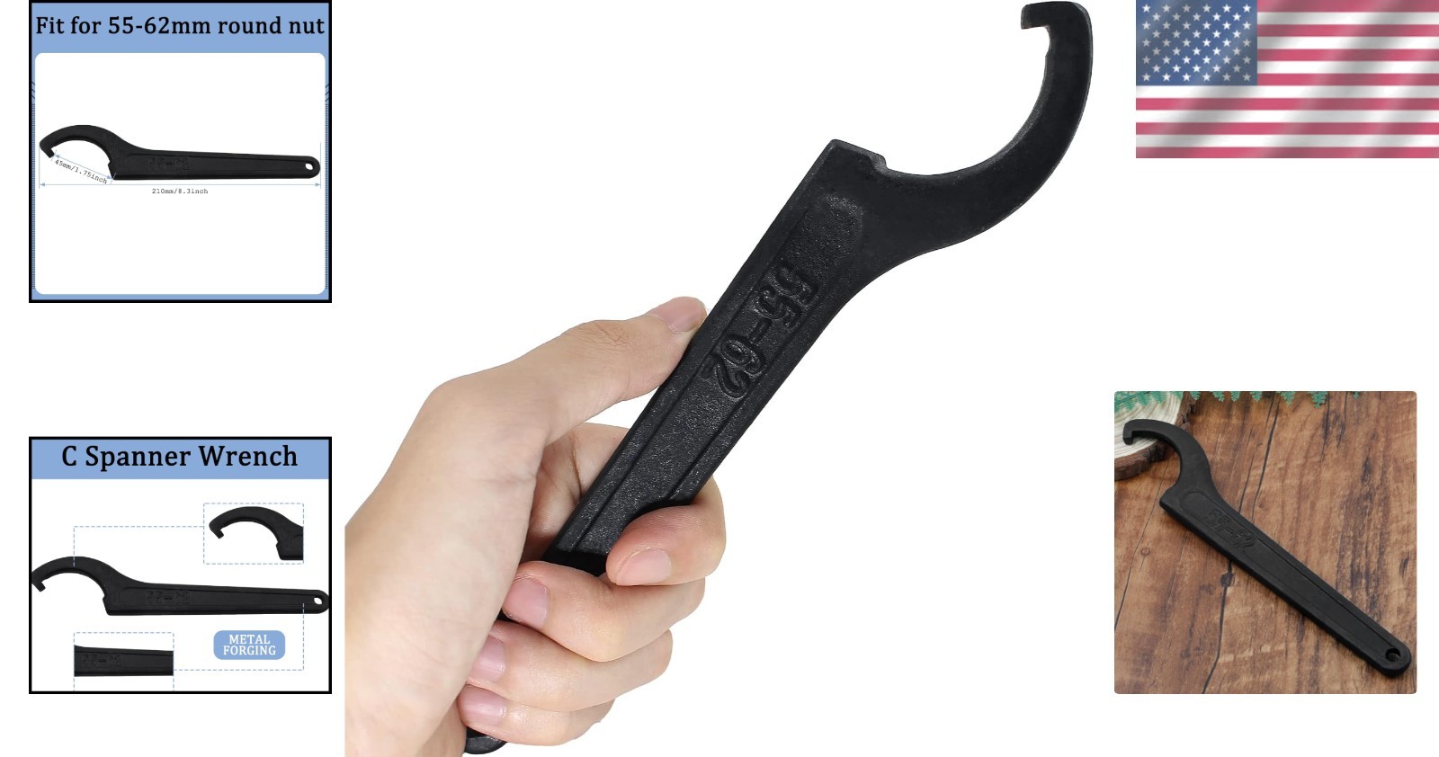 Versatile C Hook Spanner Wrench – 8.3” Carbon Steel for Mechanical Use