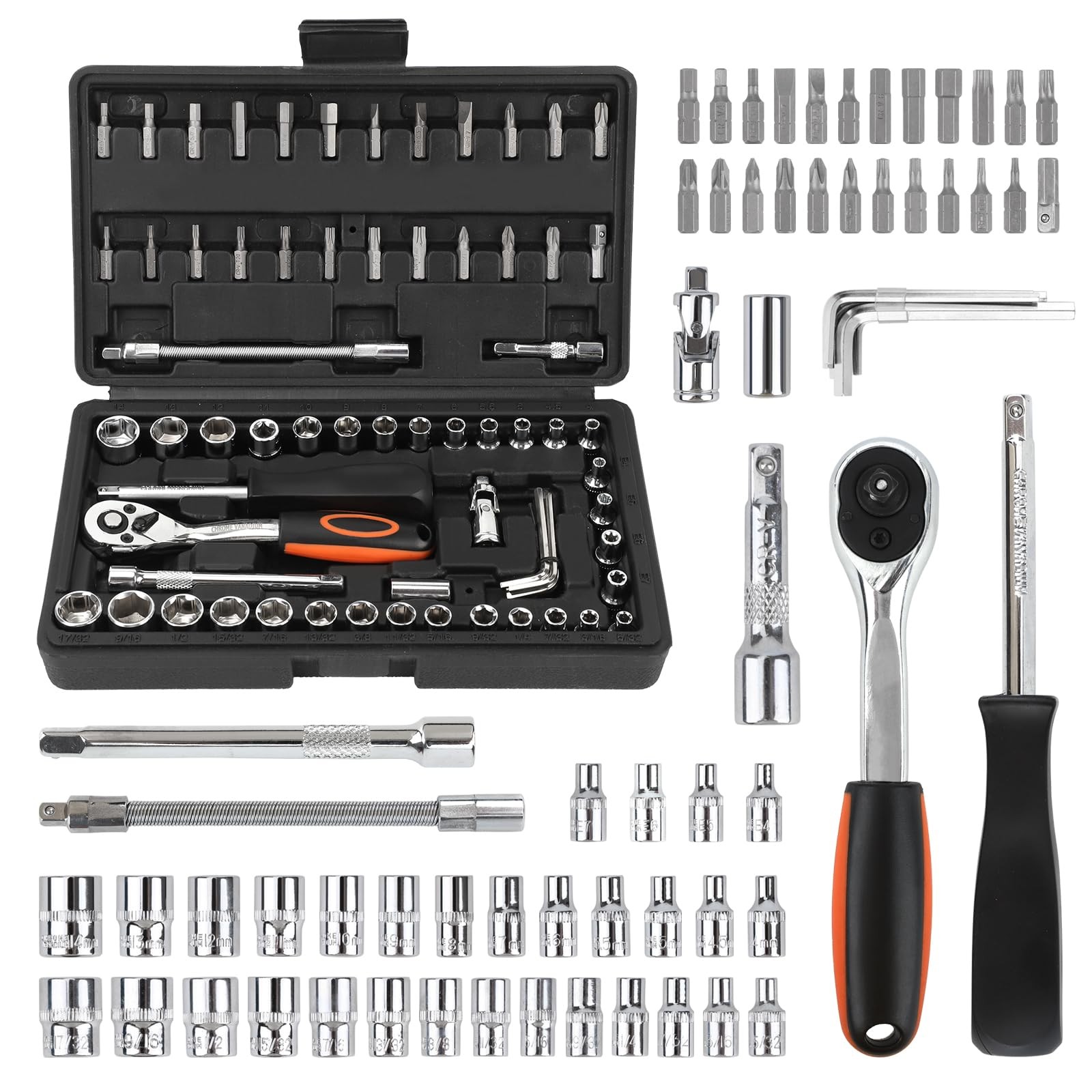 COMOWARE 69pcs Small Socket Set (1/4» & 3/8»), Metric & 69 PCS, Silver