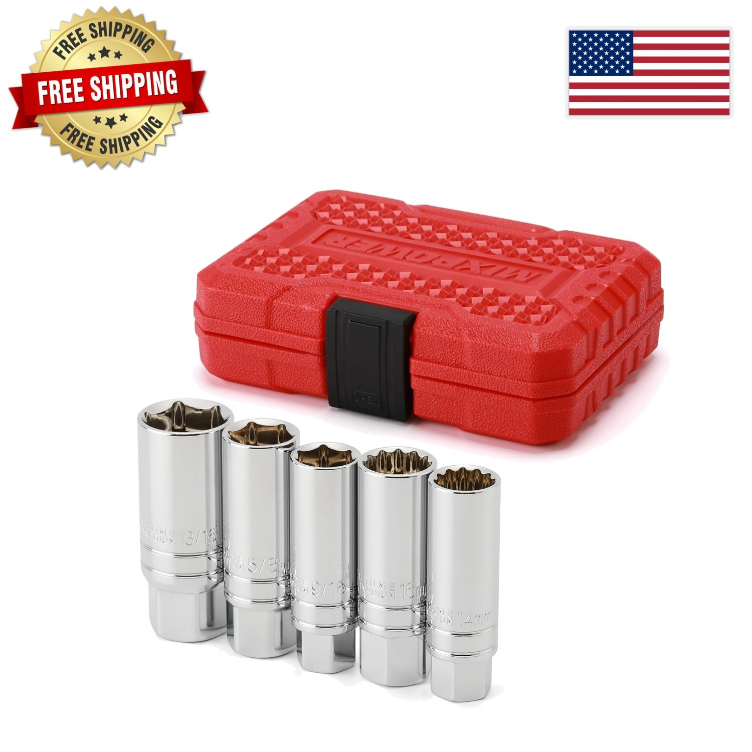 5PCS Magnetic Socket Set – 3/8″ Drive for 5/8″, 3/4″, 14mm, 16mm