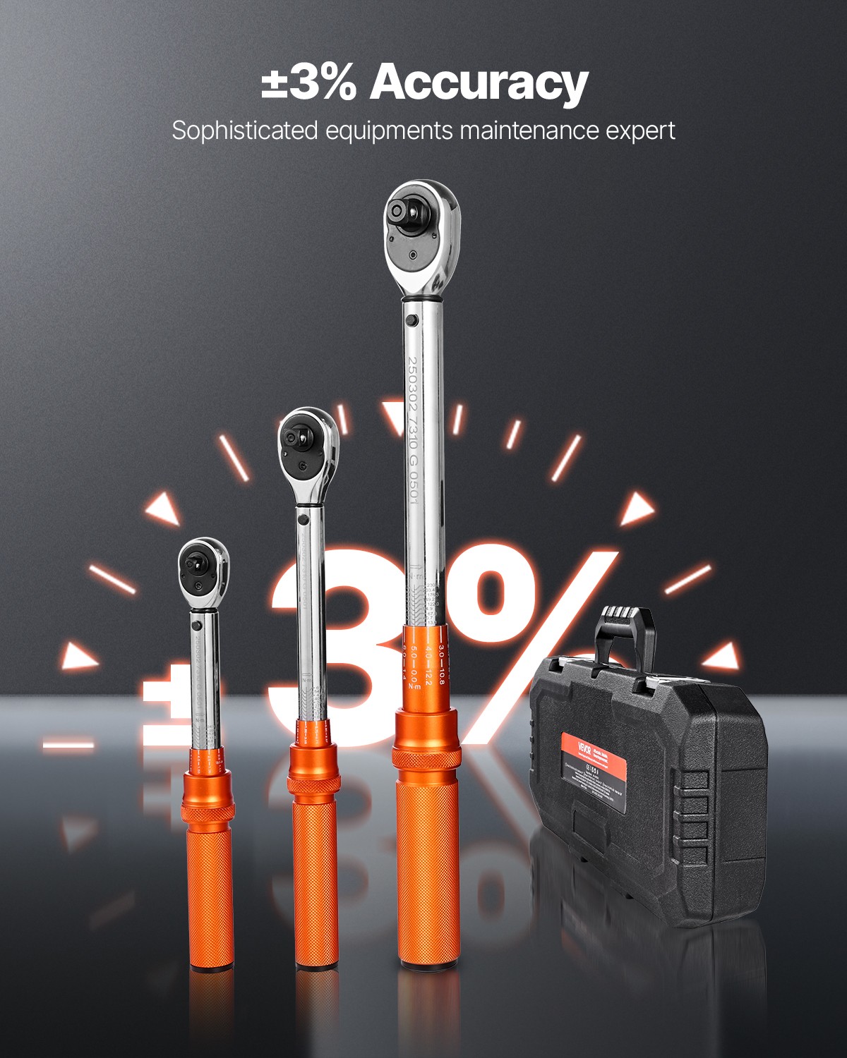 VEVOR Click Torque Wrench Set 3 Pcs 1/4 3/8 1/2 Inch Dual-direction 72-Tooth