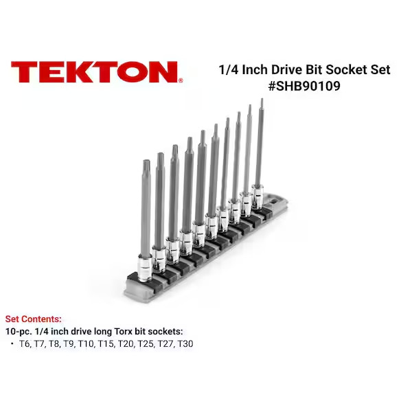 1/4 Inch Drive Long Torx Bit Socket Set with Rail, 10-Piece (T6-T30)