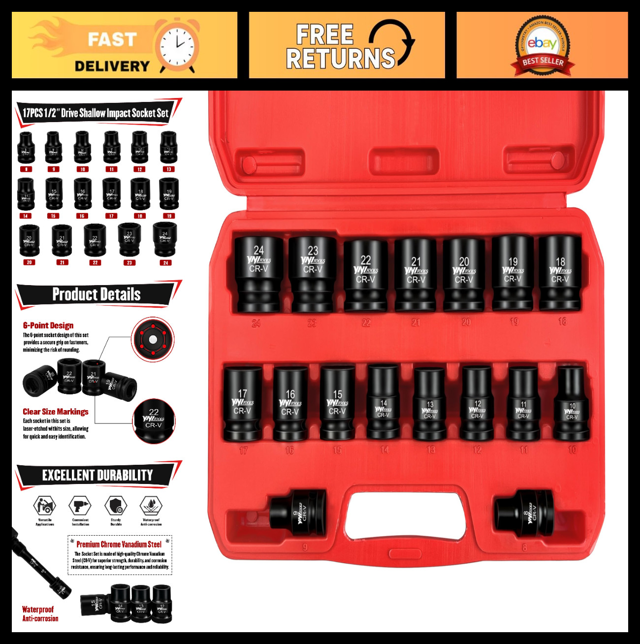 17Pcs 1/2″ Drive Shallow Impact Socket Set, Metric 6-Point CR-V Steel for Auto R