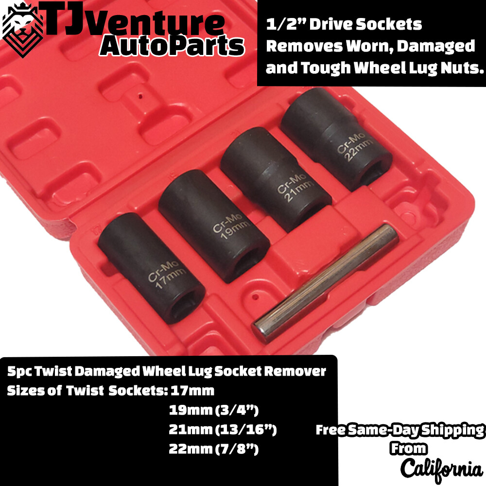 5Pc 1/2” Twist Socket Drive Wheel Lug Nut Damaged,Stripped Remover 17 19 21 22mm