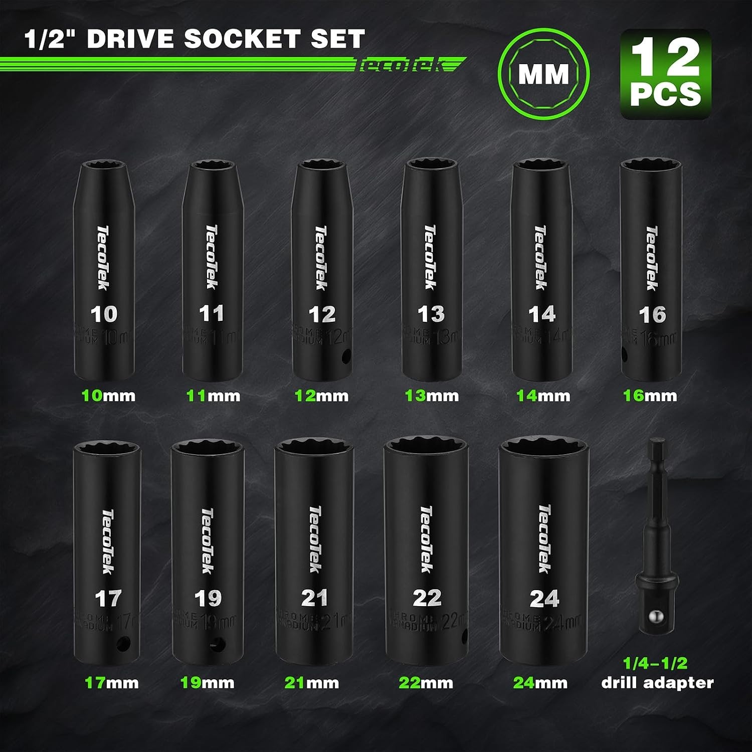 Professional 1/2-Inch Drive Deep Impact Socket Set – 10mm to 24mm, 12-Point