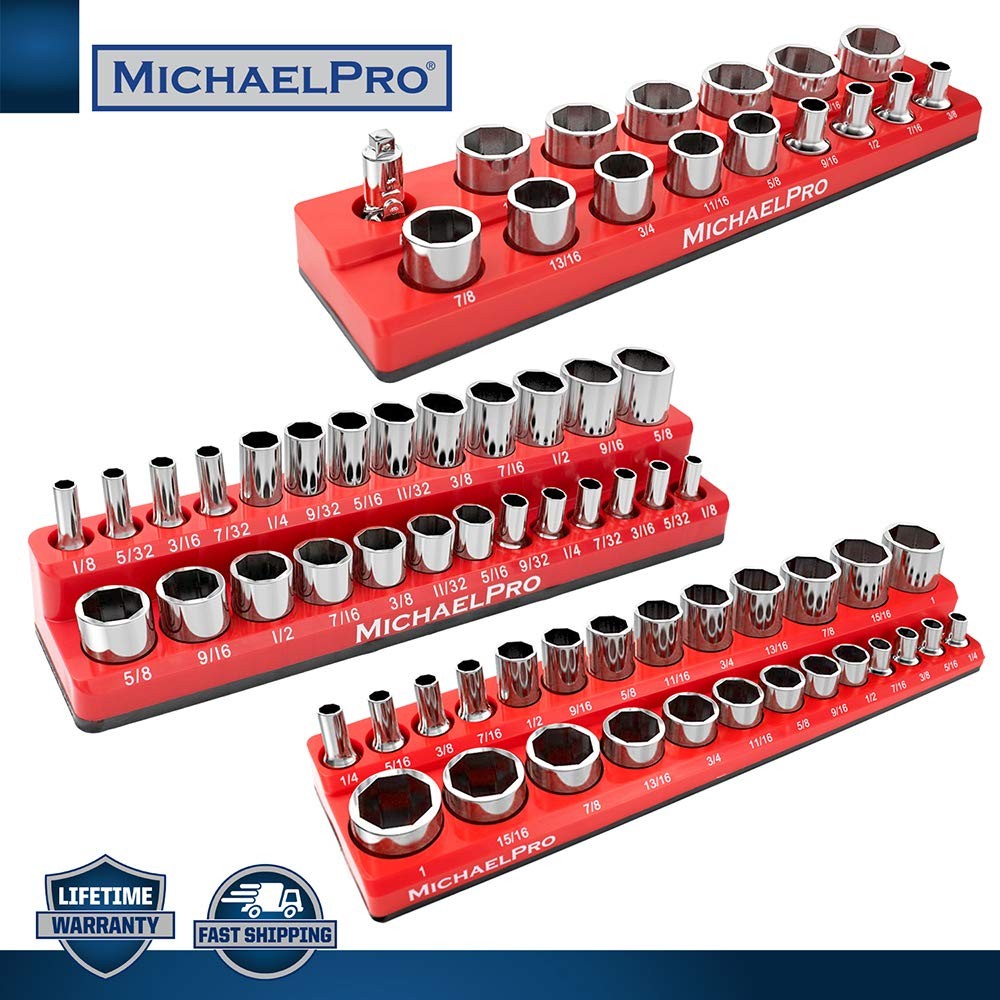 MichaelPro MP014003 3-Pc Magnetic Socket Organizer- 1/4-inch, SAE, Red