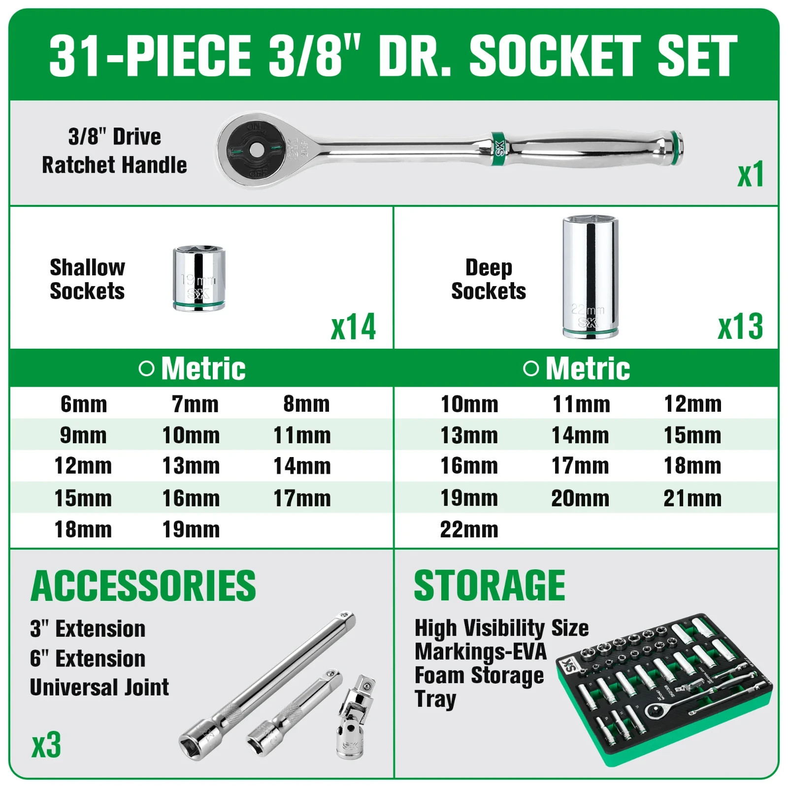 SK Tools SK01308-216P 31Pc 3/8″Dr, 6Pt, Standard & Deep, Metric Socket Set