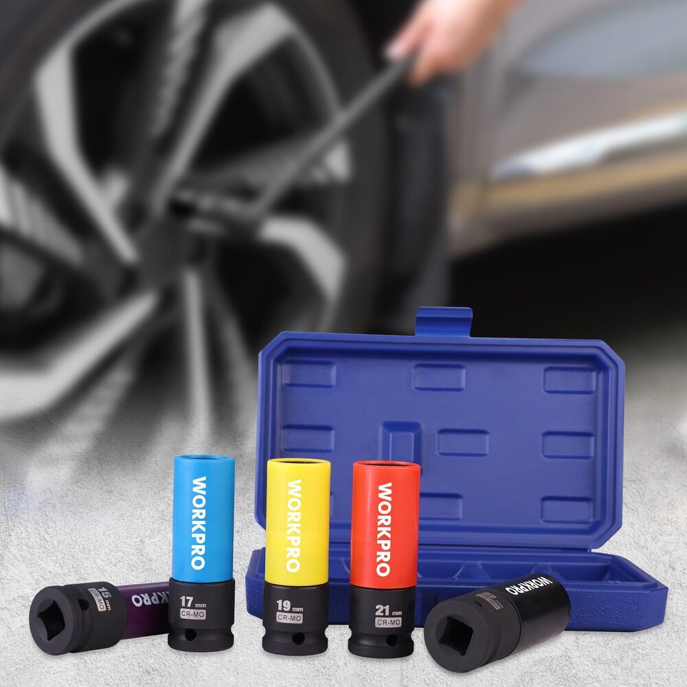 WORKPRO 5PCS 1/2″ Dr Impact Lug Nut Socket Set 15 17 19 21 22mm Thin Wall Socket