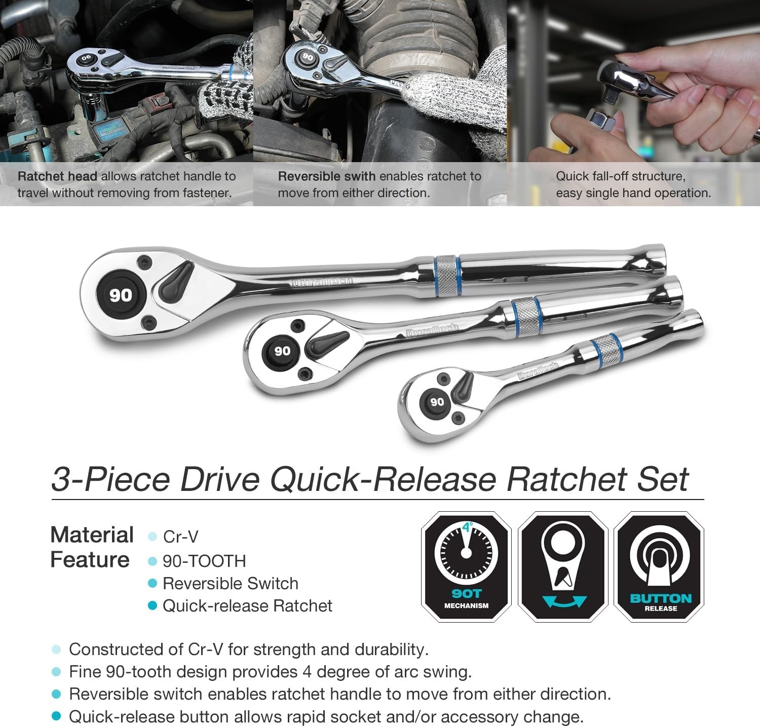 3-Piece Drive Ratchet Set 1/4 3/8 1/2 Inch 90-Tooth Quick Release Reversible Cr