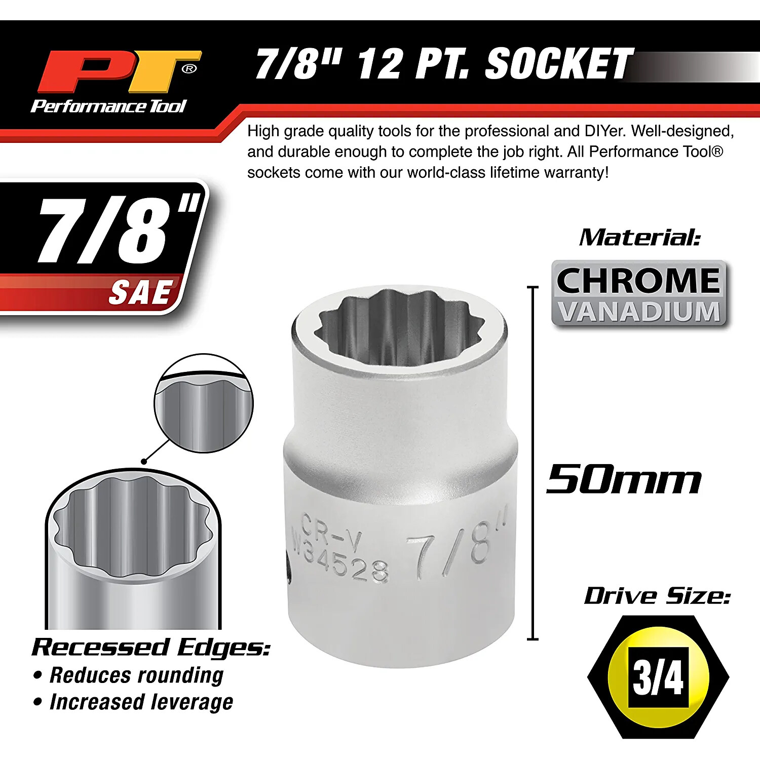 Performance Tool W34842 3/4″ Drive 12-Point Standard Socket 42mm – 42mm,METRIC