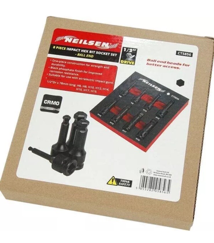 IMPACT BIT SOCKET SET HEX ALLEN BALL END 8PC 1/2″ DR 78MM LONG 6MM – 19MM