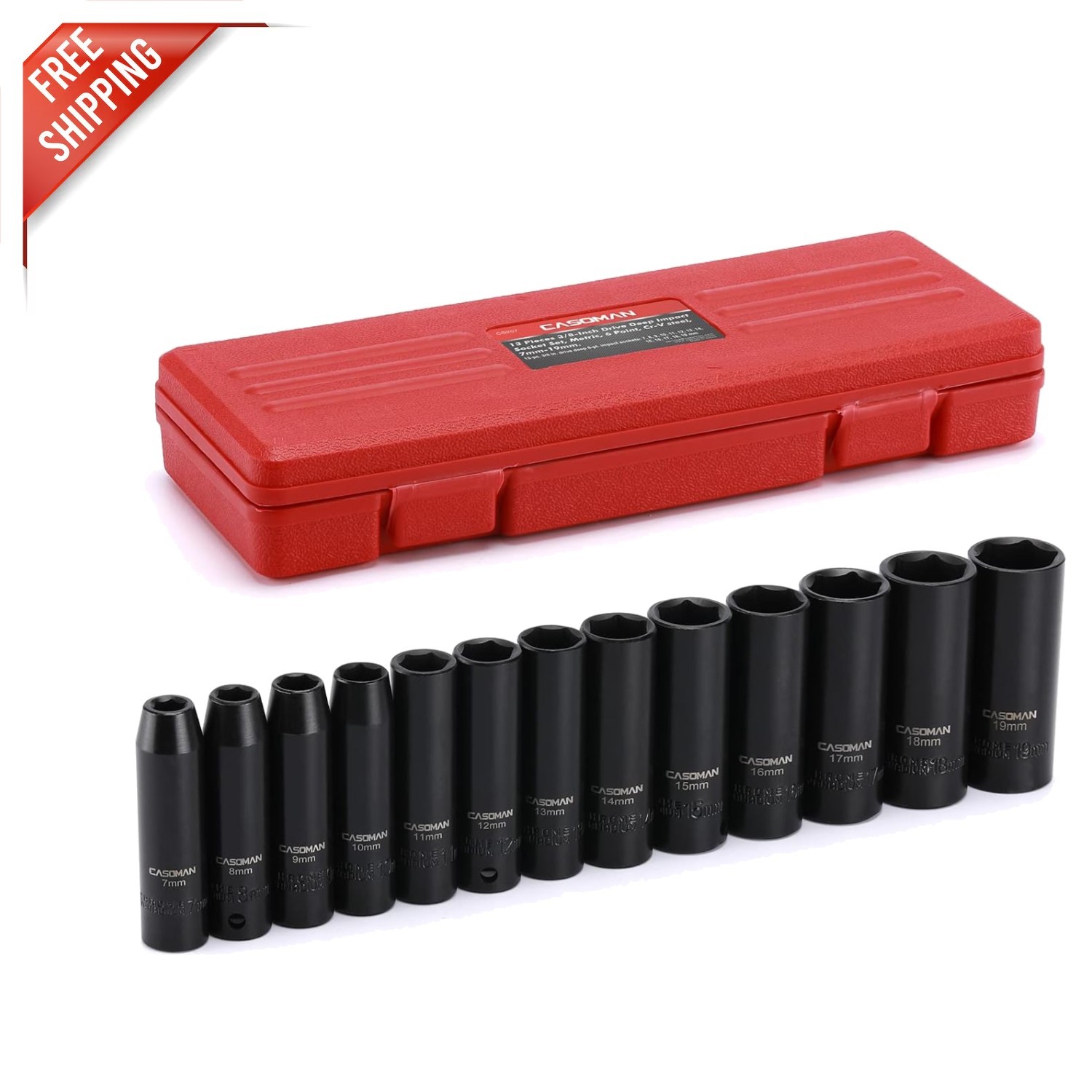 3/8-Inch Drive 13-Piece Deep Impact Socket Set – 6-Point with Laser Etched Sizes