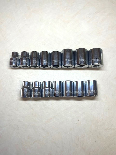 Stanley CR-V Sockets 3/8 drive 8 SAE 5/16-3/4, 7 Metric 9mm-15mm 15 total NWOT