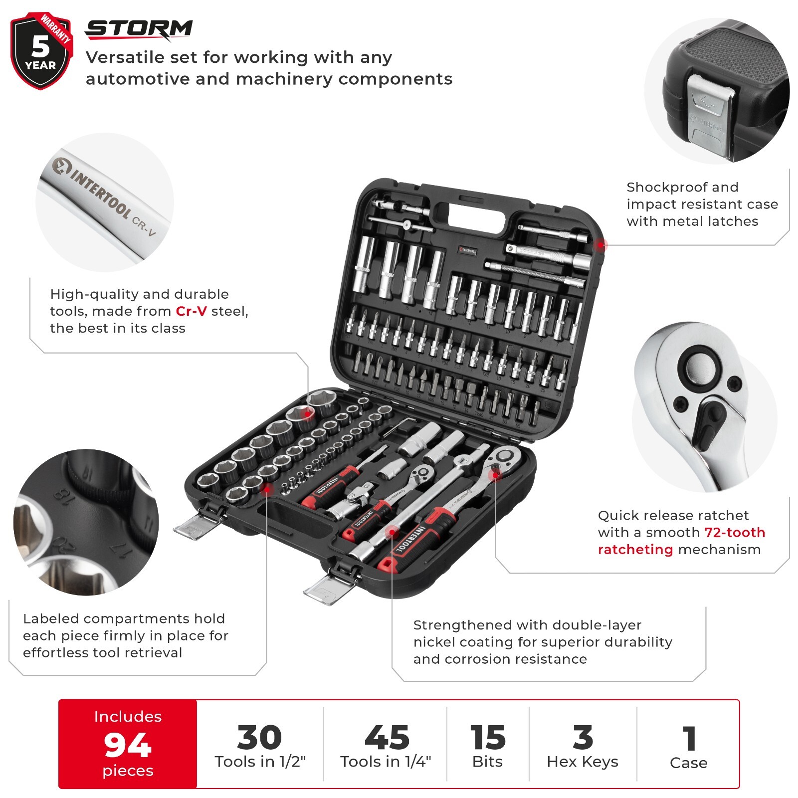 INTERTOOL 94pc 1/4″ and 1/2″ Ratchet Socket Wrench and Bit Set ET08-8094