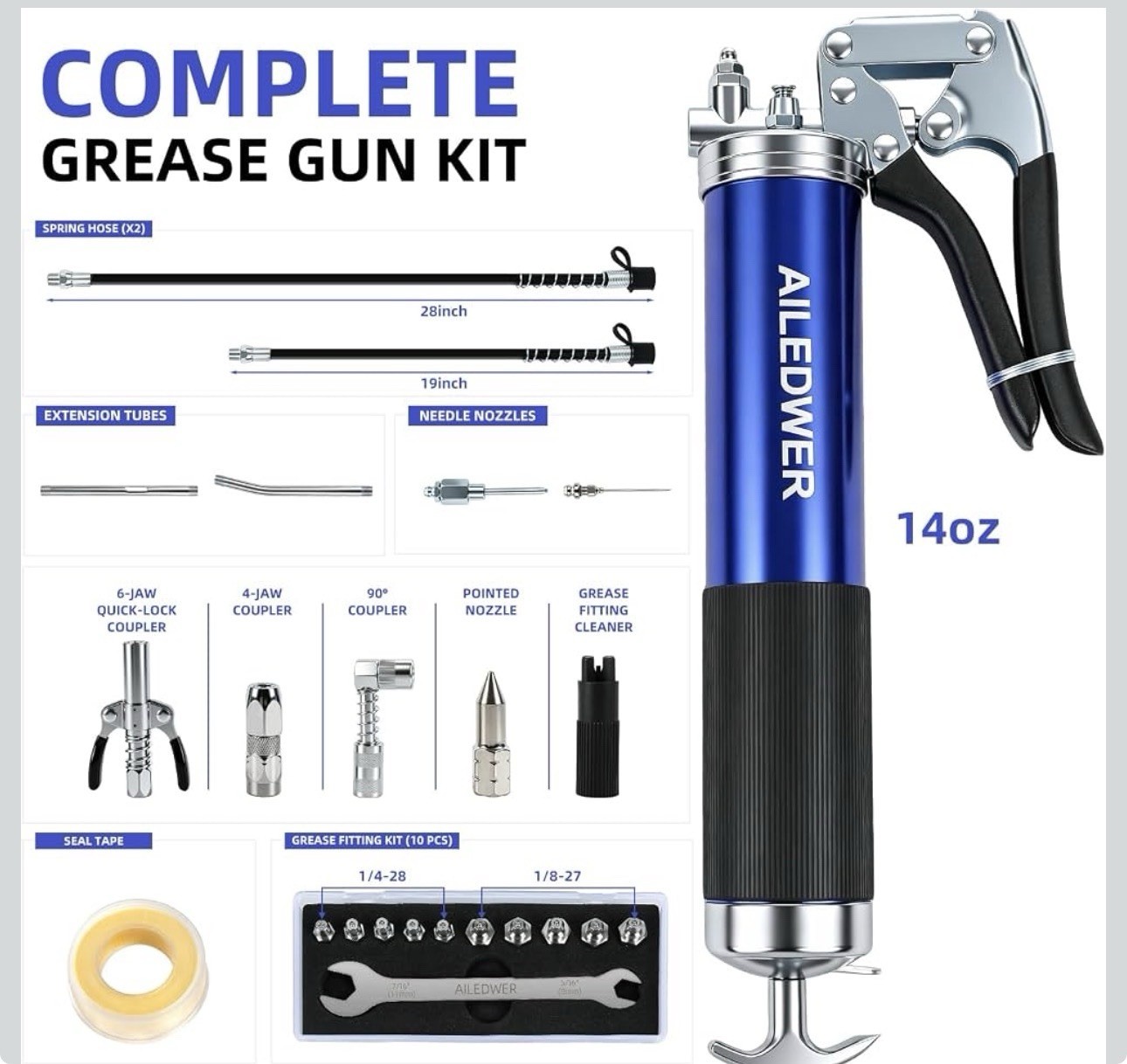 8000 PSI 14 oz Grease Gun Kit with Locking Coupler and 2 Hoses