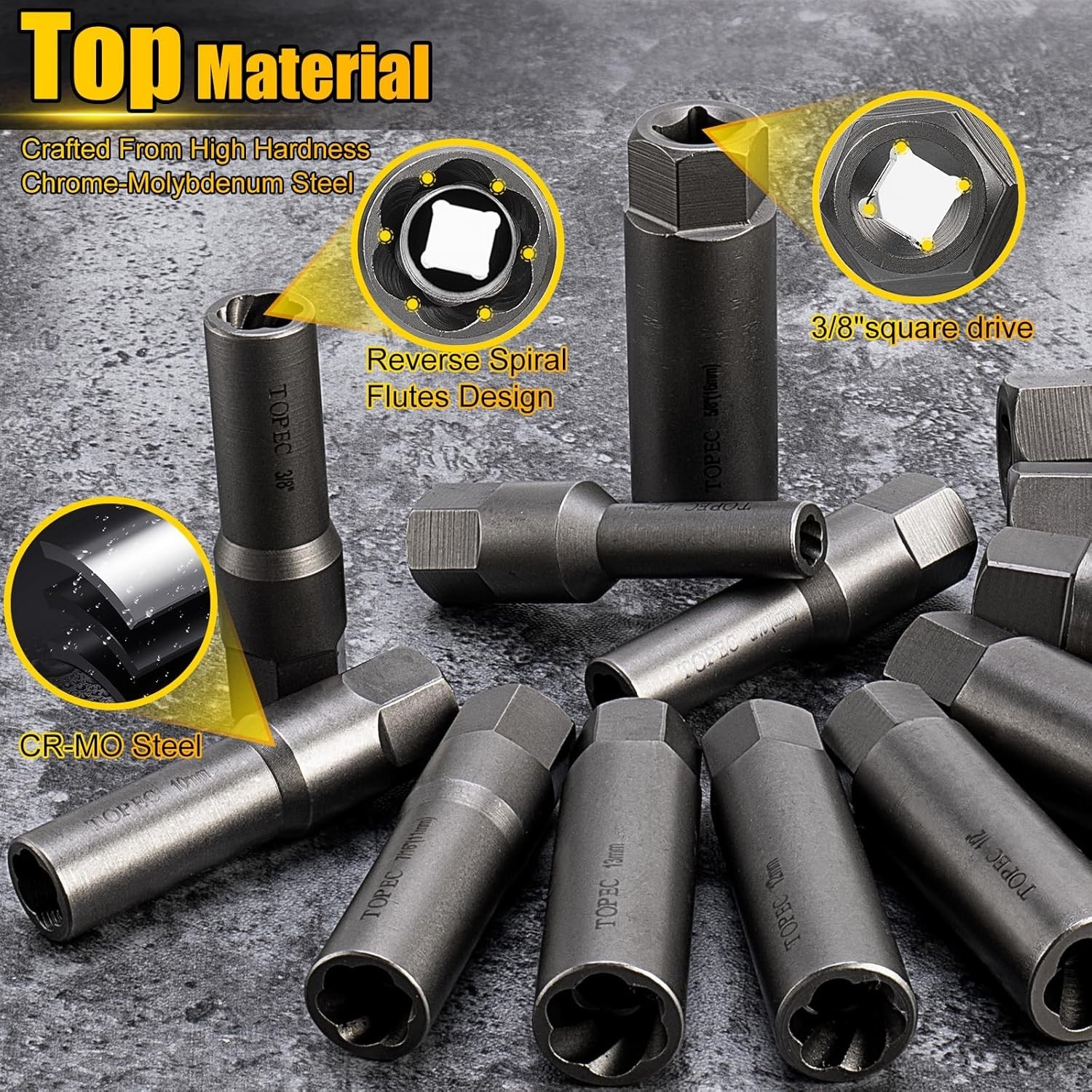15PCS Deep Bolt Extractor Kit, 6mm-19mm Nut Extractor Socket Set, 3/8″ Drive Rou
