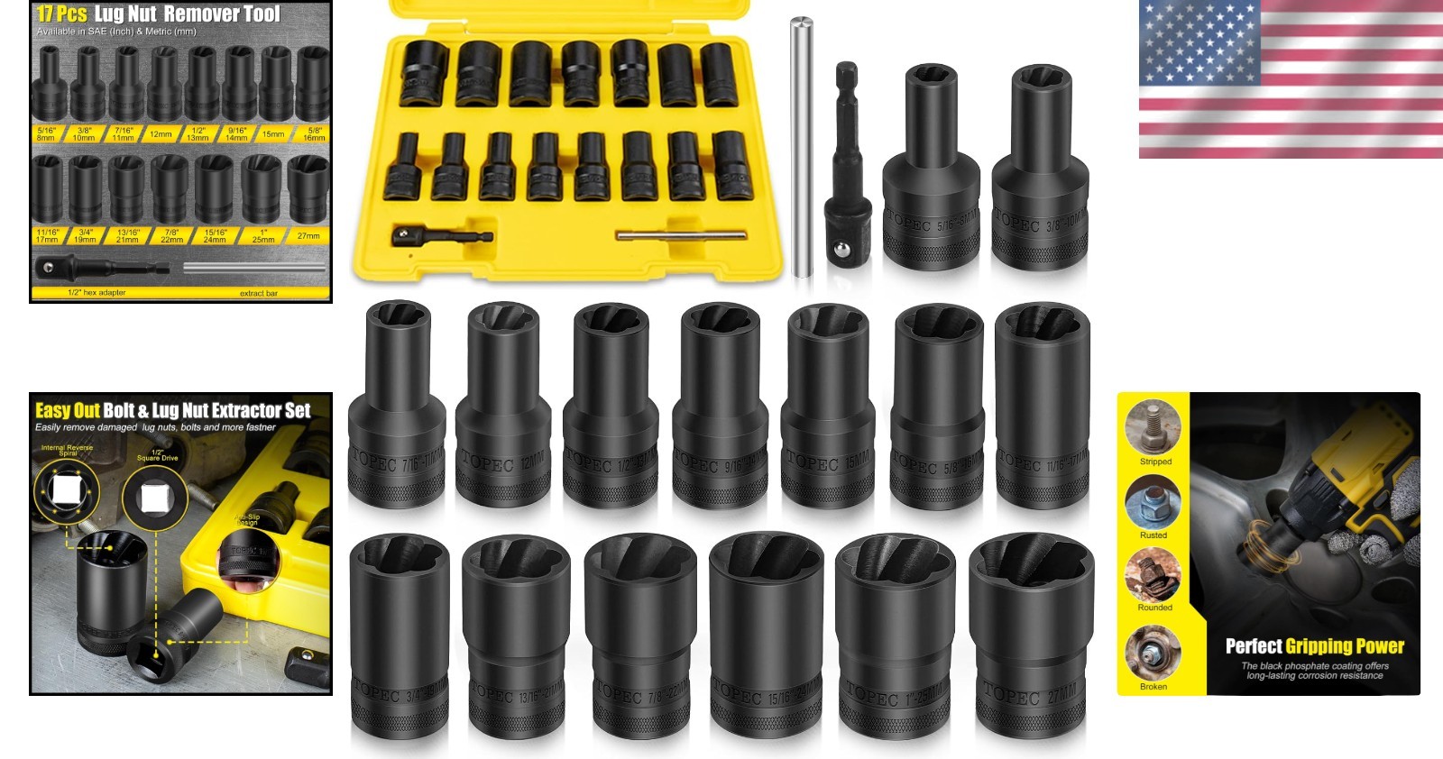 17Pcs Lug Nut Extractor Set, 1/2″ Drive Tool Kit