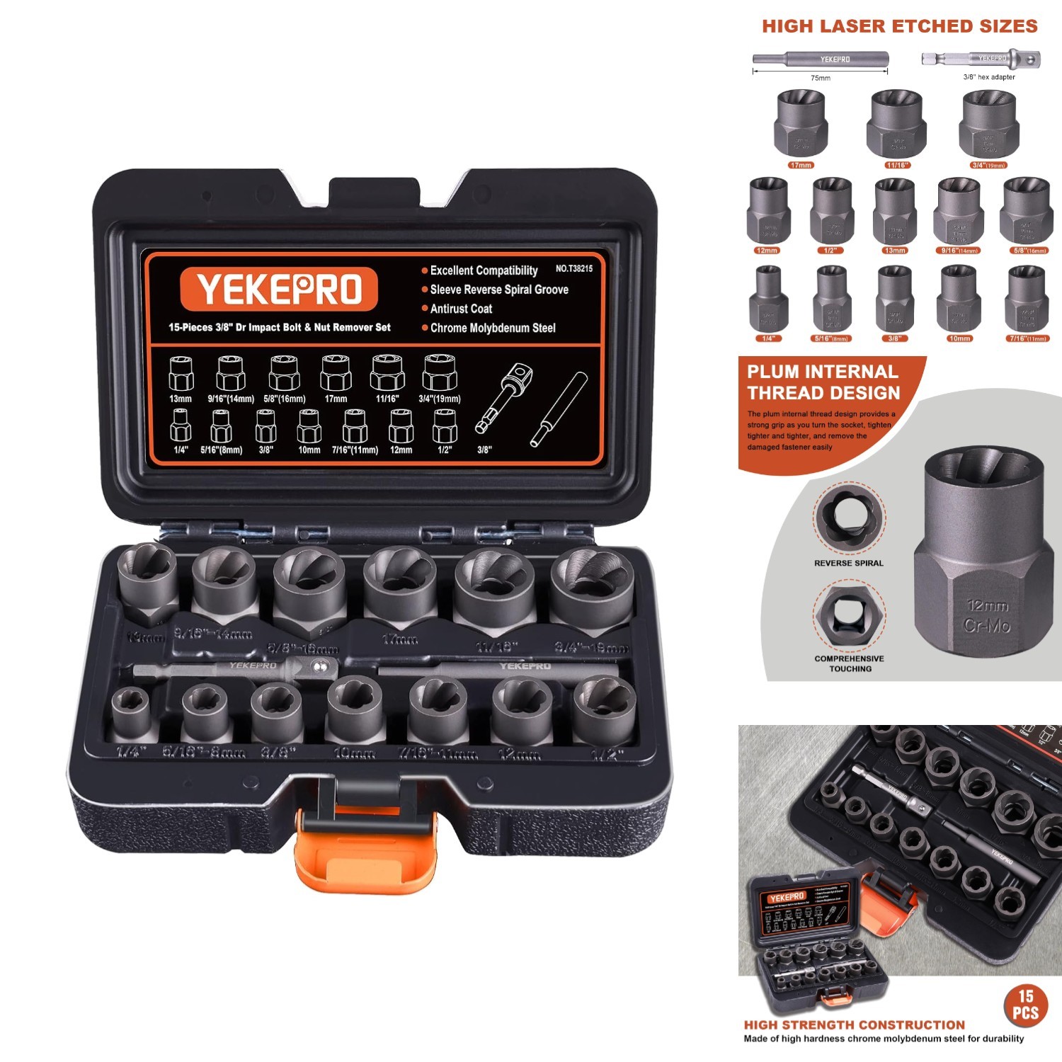 15-Piece Bolt Extractor Set Impact Socket Remover for Damaged, Rusted Bolts &…