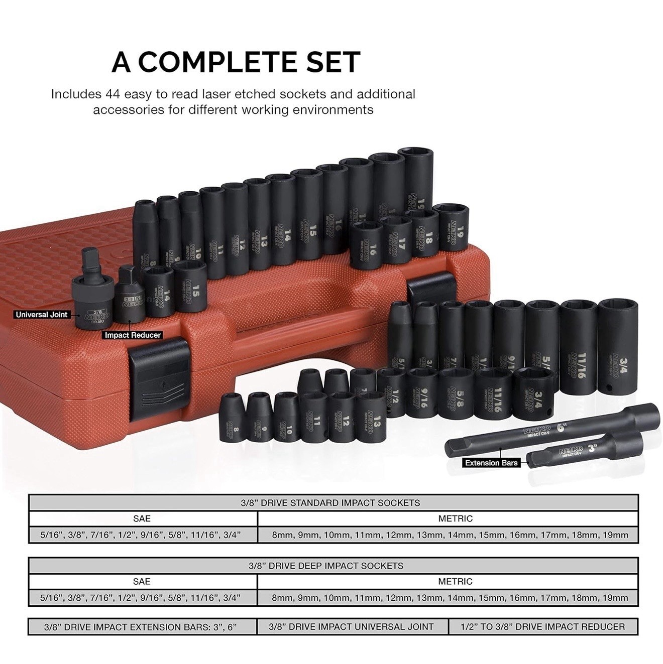 NEIKO 02440A 3/8-Inch-Drive Impact Socket Set, SAE Sizes 5/16″ to 3/4″ 44pcs