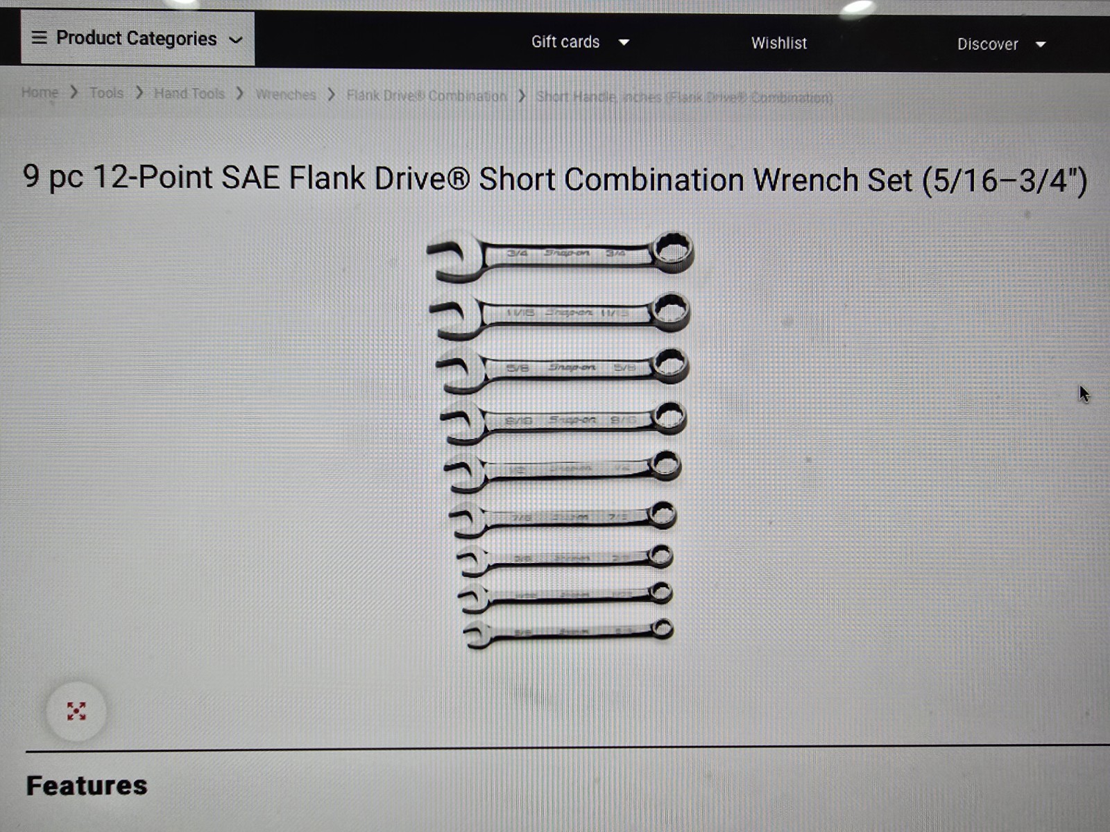 Snap On OEXS709B 9pc SAE Short Wrench Set, 5/16 – 3/4
