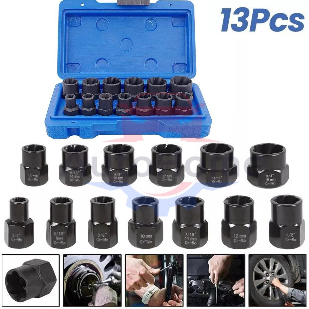 13pc Impact Damaged Bolt Nut Screw Remover Extractor Set Twist Socket Tool Kits