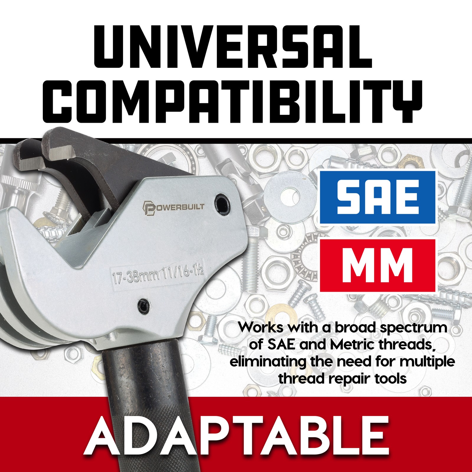 Powerbuilt Universal Thread Repair Tool 11/16″ – 1-1/2″ SAE / 17 – 38mm Metric