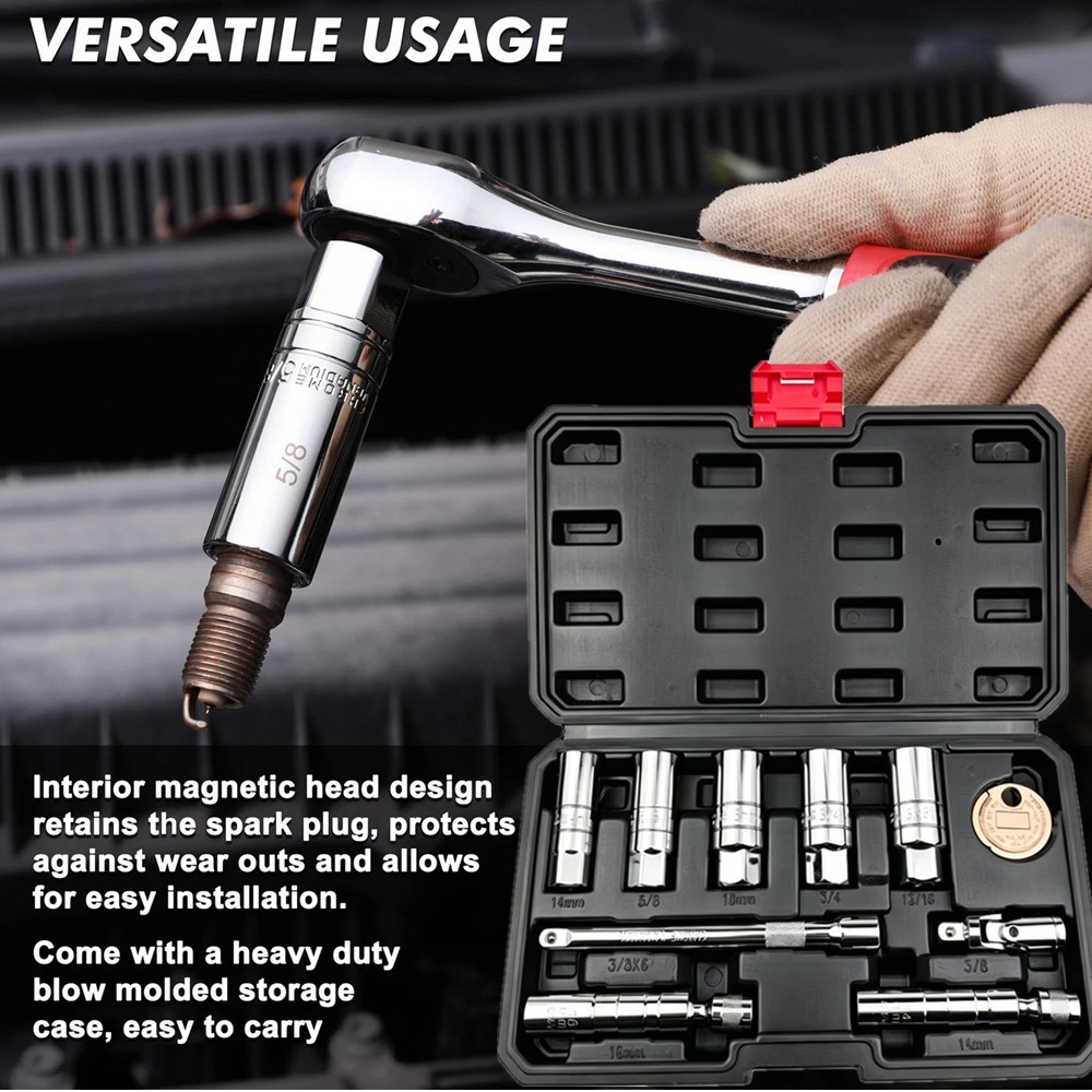 10PCS 3/8″Drive Magnetic Spark Plug Socket Set 6PT&12PT Extension Bar CR-V Steel