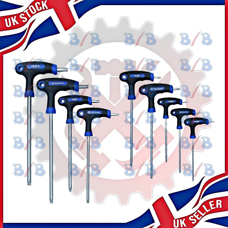 9PC HEAVY DUTY LONG T-HANDLE STAR TORX END KEY DRIVER SCREWDRIVER SET T10 – T50
